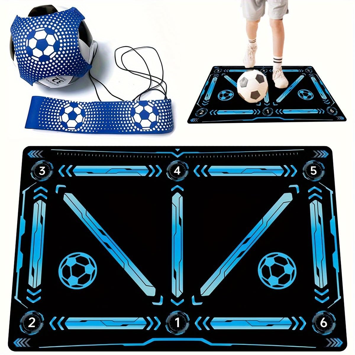 Football Training Mat Set with Soccer Ball Control Trainer, Blue Dance Pad with Numbered Zones, Adjustable Waist Belt, 23.6 Inch Practice Equipment for Skills Development