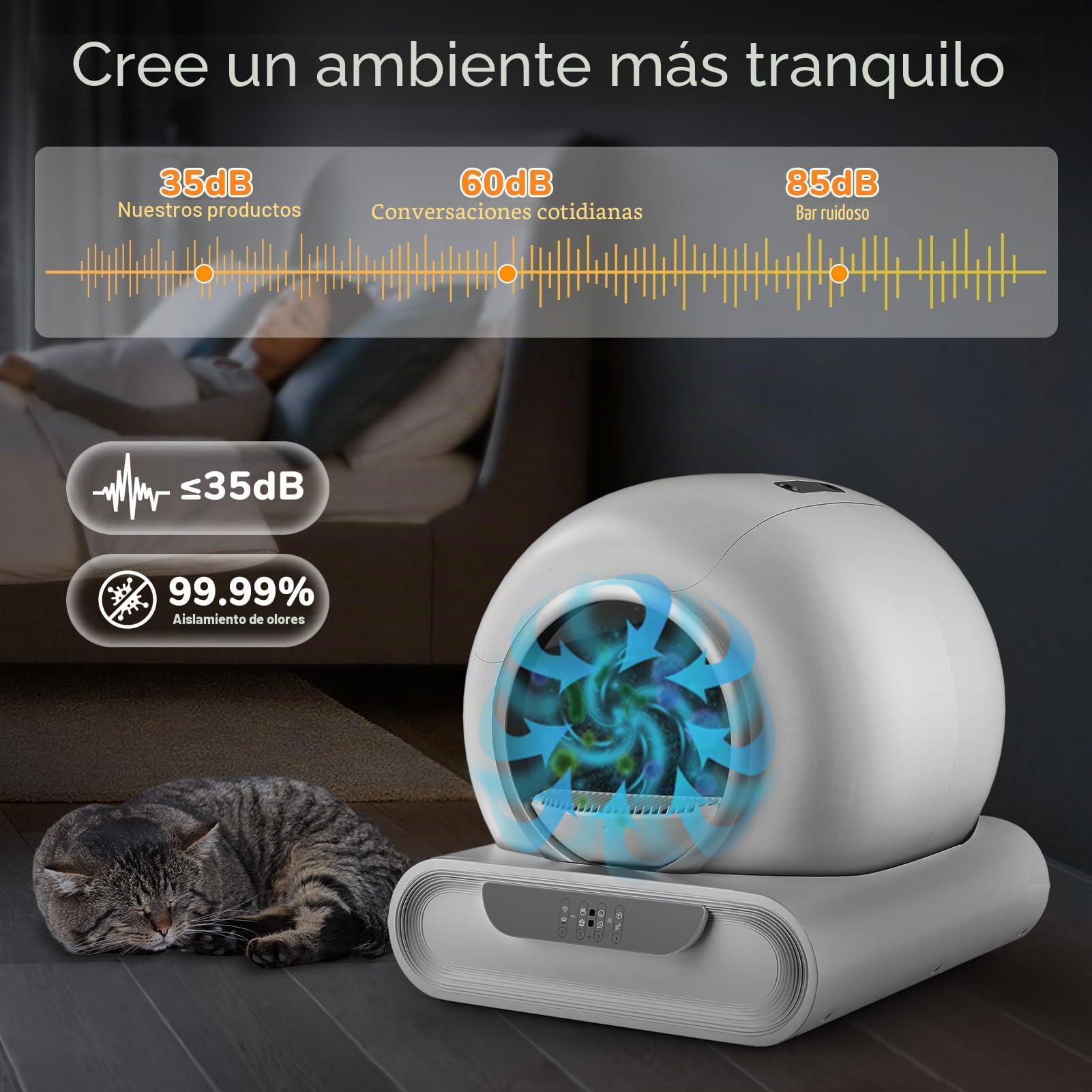 Arenero Gatos Autolimpiable, 65L Grande, Arenero Autolimpiable para Gatos eléctrica, Caja de Control de Arena extraíble, Control de Olor/aplicación, Entrada Baja, Seguro sin olores, para Varios Gatos