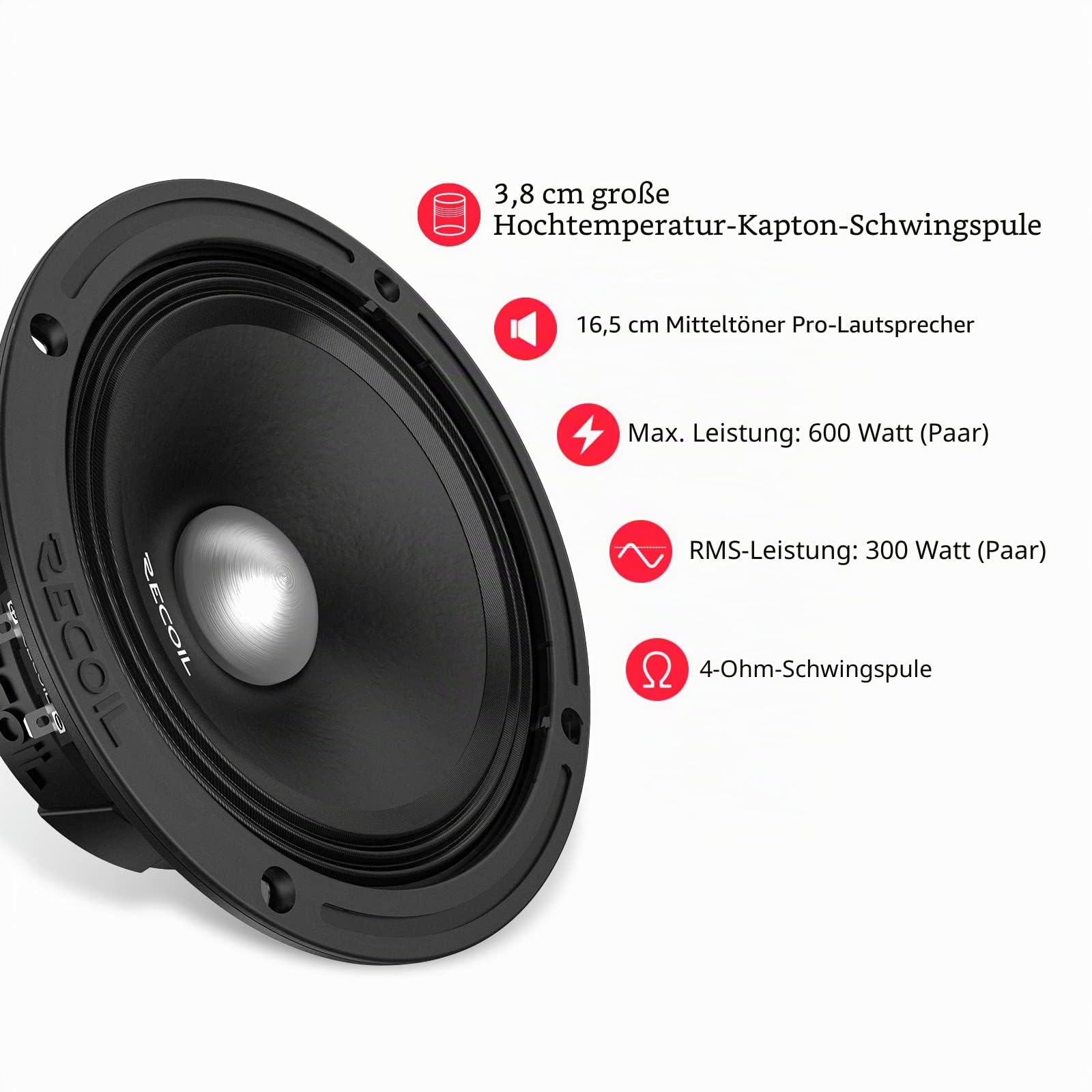 RECOIL MS65 4P 17 cm （6.5 Zoll ） Mitteltöner Lautsprecher Paar 300 Watt RMS 600 Watt Max 4 Ohm Hochtemperatur Kapton Schwingspule 1.5 Zoll Pro Audio für Auto und Car HiFi