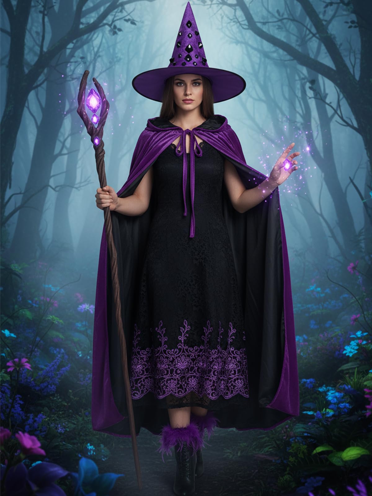 Hotfiary Reversible Black & Purple Cape for Adult Double Sided Velvet & Satin Hooded Cloak - Image 3