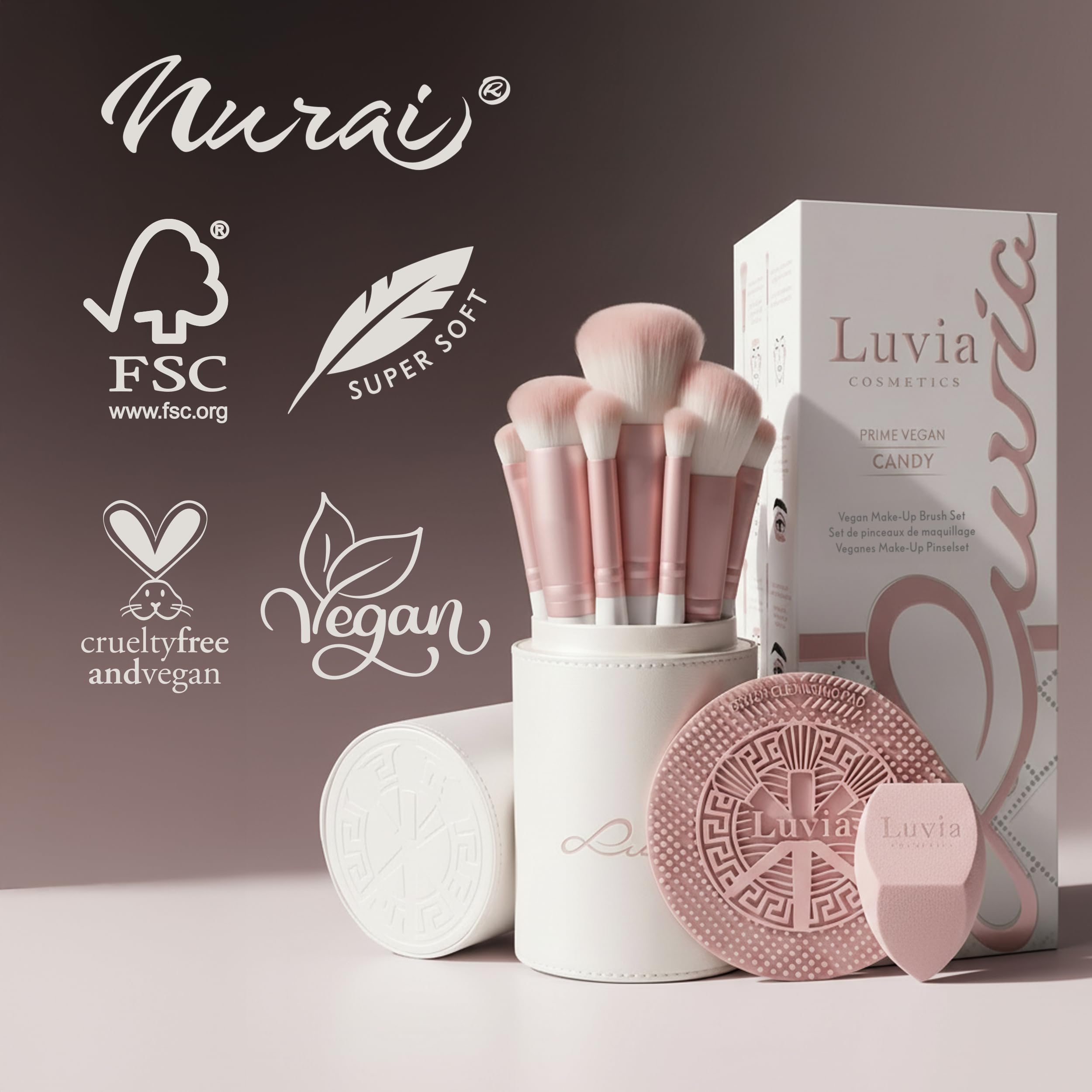 Luvia Prime Vegan Pro - Juego de brochas de maquillaje (7 unidades, incluye soporte para brochas, esponja y estera limpiadora), color nácar y rosa perla