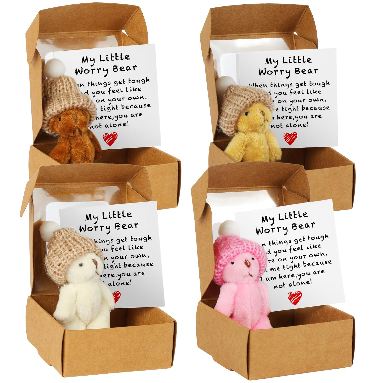 Vicloon 4Pcs Worry Bear Hug in a Box, A Little Pocket Bear, Handmade Mini Plush Teddy Bears in Box with Inspirational Card, Positive Gift for Kids Friends, Emotional Support Gift — image 1