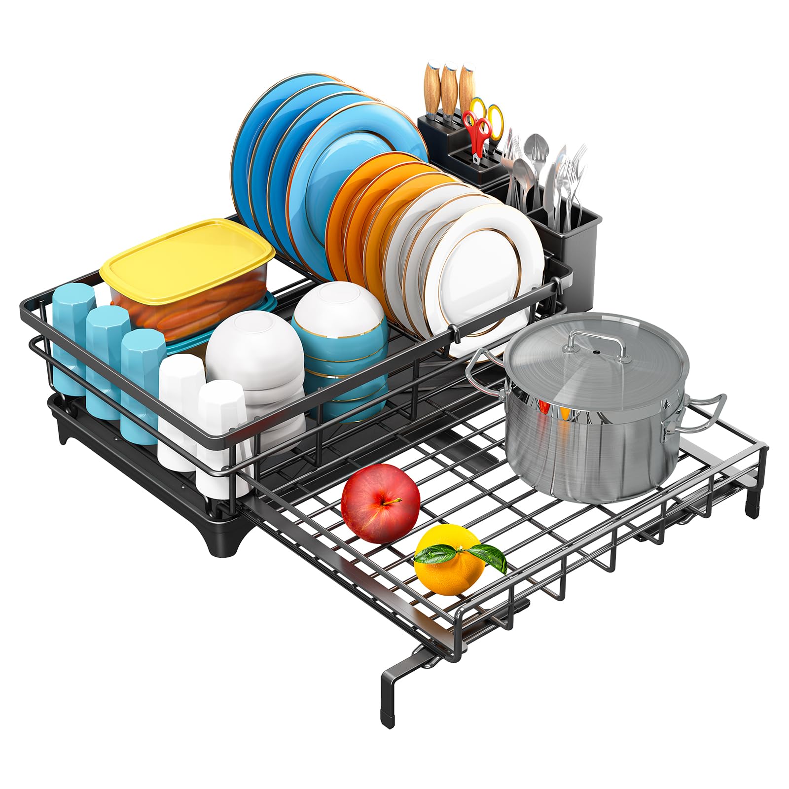 Abtropfgestell, ausziehbar, Geschirrabtropfgestell mit Utensilienhalter, platzsparend, Abtropfgestell, Küche, automatische Entwässerung