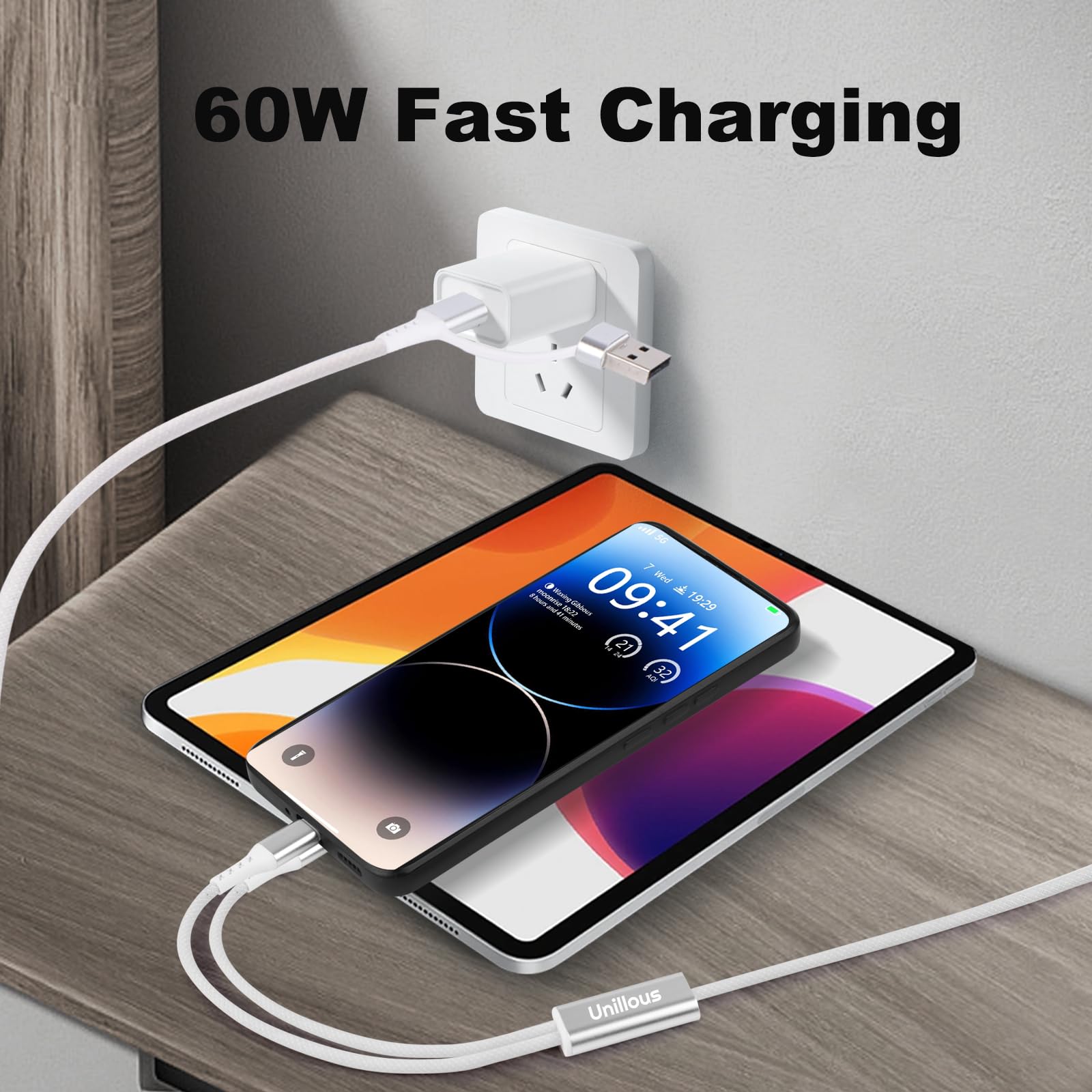 Cavo USB Type-C Ricarica Rapida con 2 porte Tipo C per Phone 17 16 15 Pro Max, 60W Dati Cavo Multiplo USB A/C 4 in 1, Multi Cavo di Ricarica per Samsung Galaxy Huawei Redmi PS4 Android Tablet- 1.2M