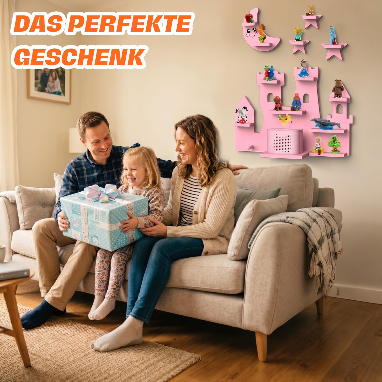 BORISI Wandregal für Toniebox 1 & 2, Holz Rosa, für 30+ Tonie Figuren | 12 mm Holz, Magnethalterung, Kabelkanal, Kopfhörerhaken, inkl. Namenssticker, Geschenkidee