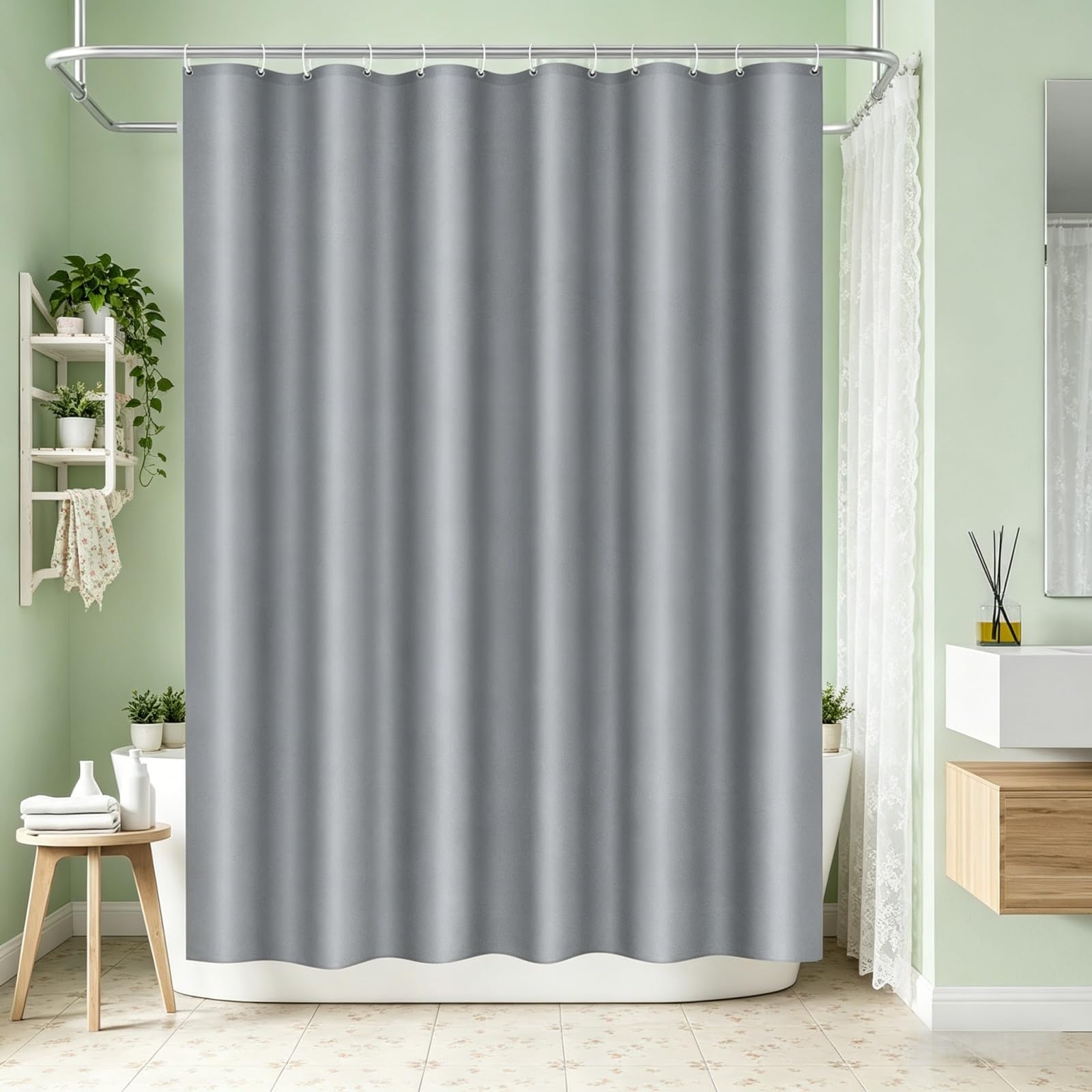 Rideau Baignoire 150 x 190 cm Imperméable Rideau Douche Anti Moisissure sans Percage pour Baignoire Cabine de Douche, Gris