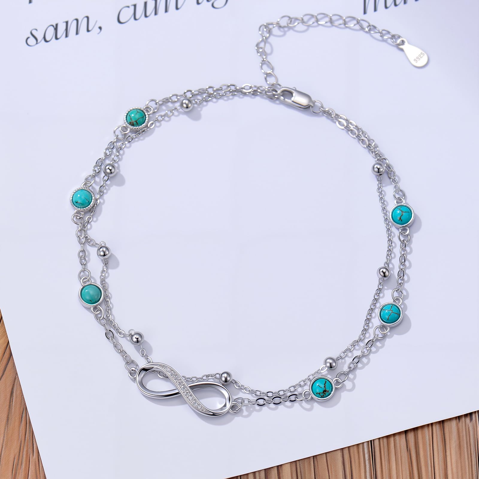 Tobillera de plata de ley 925 con diseño de infinito, turquesa real, ajustable, varias capas, regalo para mujeres