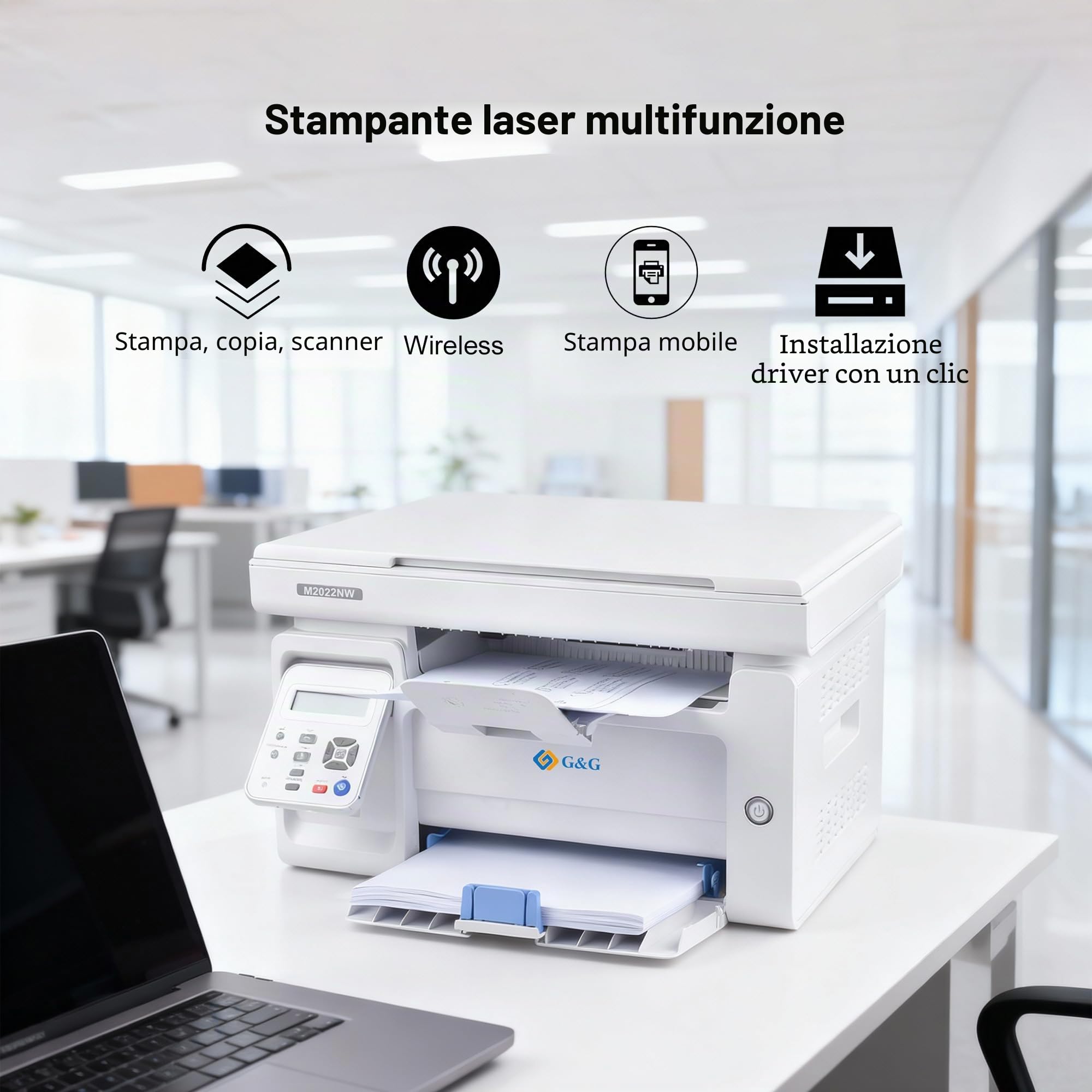 G&G M2022NW Stampante Laser bianco e nero Multifunzione Wifi, Stampanti Laser con Scanner Toner in offerta per Ufficio e Casa(22-23 Ppm)