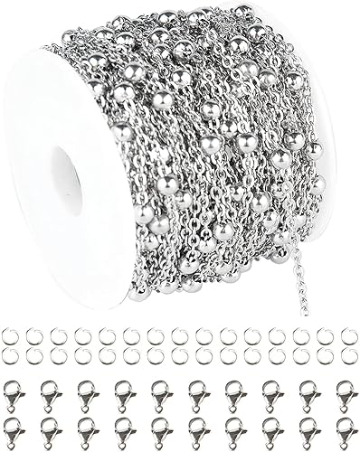 UMAOKANG Cadenas de acero inoxidable de plata de 328 pies para hacer joyas cadena de eslabones de bola de 0157in a granel con 20 cierres de langosta