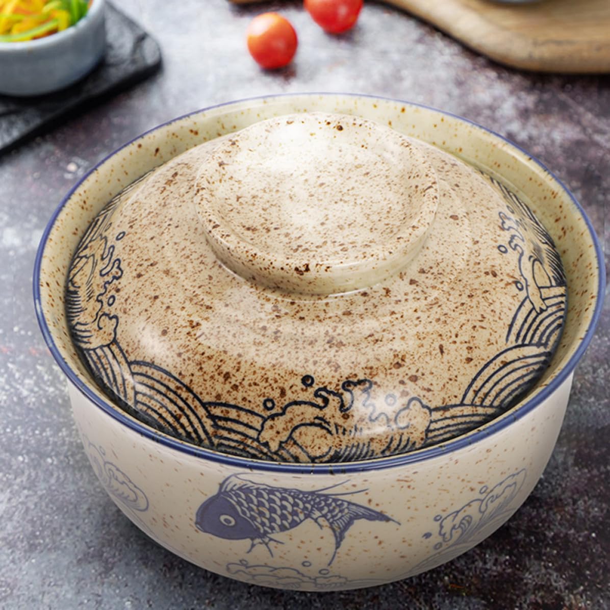 POPETPOP Tazón de Ramen Japonés Fácil de Limpiar de Cerámica con Tapa, Diseño Simple y Elegante, Resistente a Altas Temperaturas para Servir Fideos y Sopa