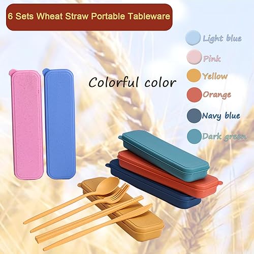 Miniatura 4 de Paquete de 6 cubiertos de paja de trigo, utensilios de viaje portátiles, cuchara, tenedor, cuchillo, juego de cubiertos reutilizables con estuche
