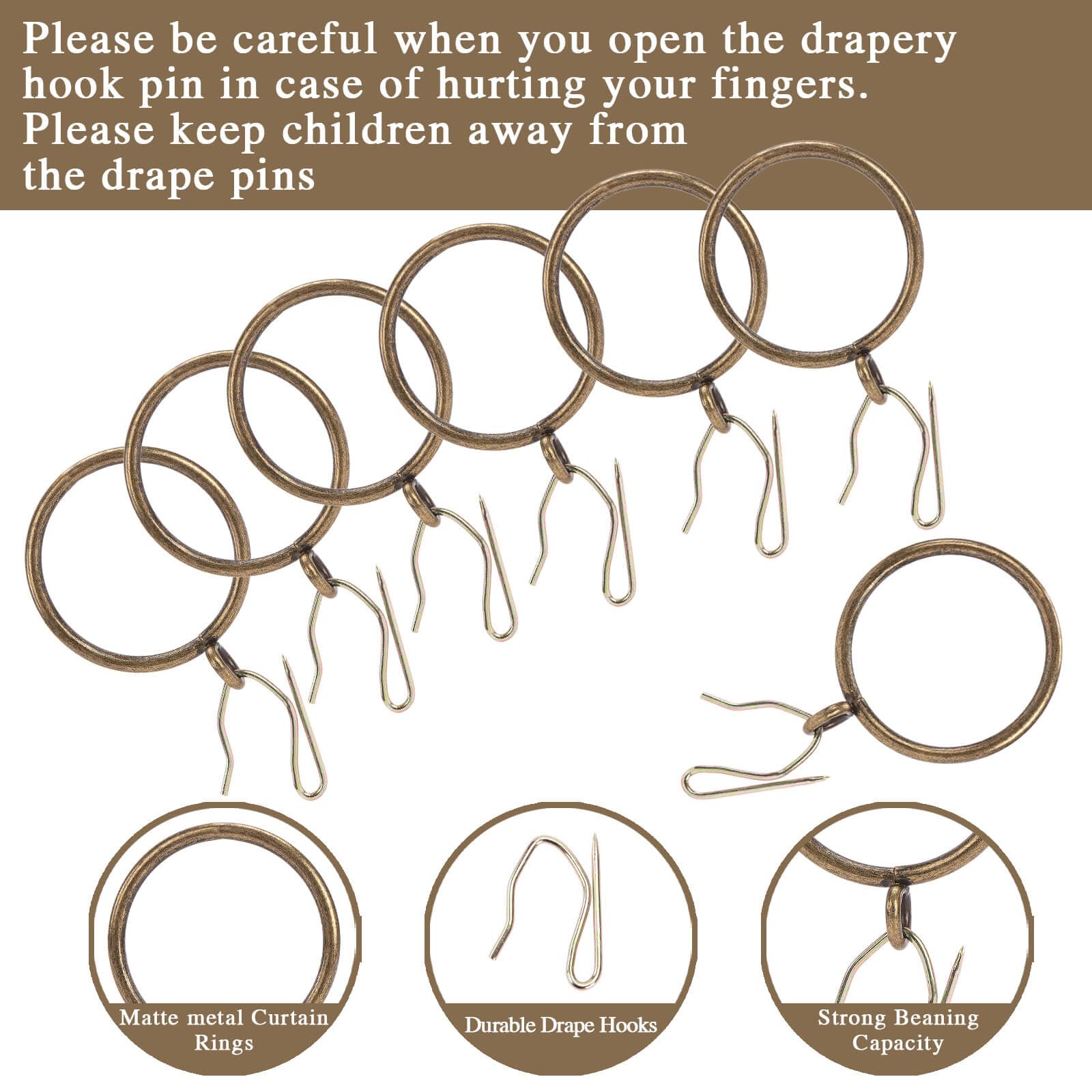Curtain Rings with Hooks Rustproof Metal Drapery Rings with Eyelets and Pinch Pleat Curtain Hooks for Window Door Shower Curtain 1.25 Inch Inner Diameter 24 Pack Brass TXZWJZ