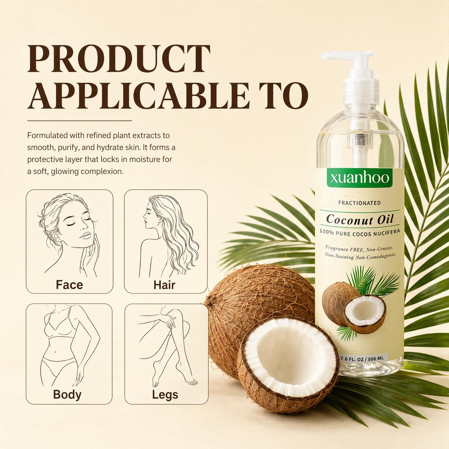 Aceite de coco fraccionado 500ml 100% puro natural para cabello piel y uñas