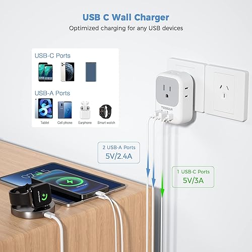 Miniatura 4 de TESSAN - Adaptador de corriente de viaje para AustraliaNueva Zelanda, 4 tomacorrientes de EE. UU., 3 cargadores USB (1 USB C), adaptador de enchufe