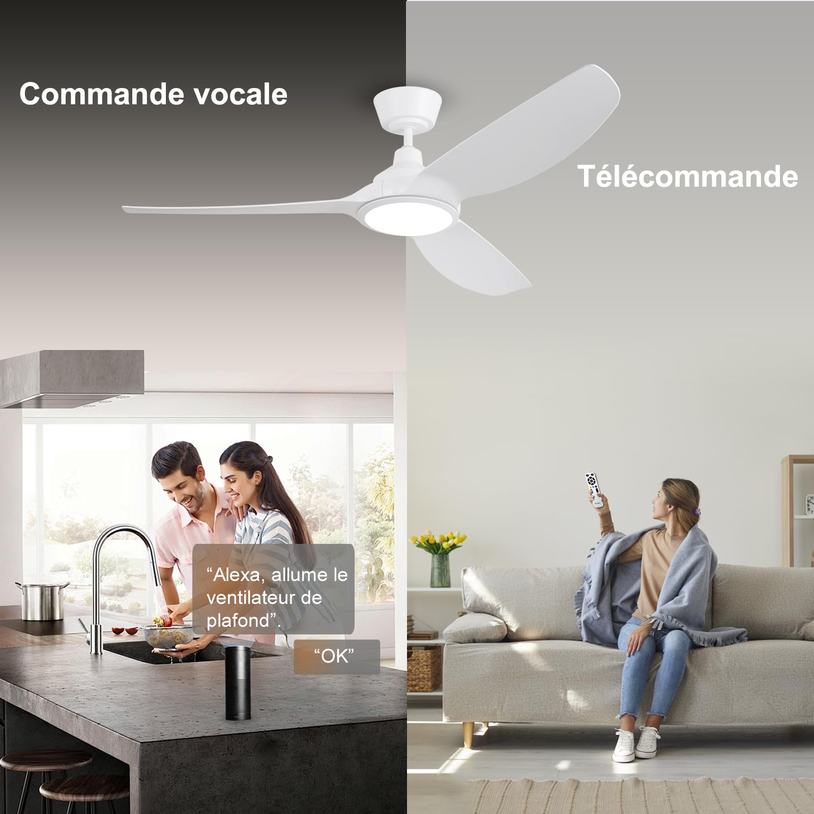 Ovlaim Ventilateurs de plafond blancs intelligents 132 cm avec lumières | et télécommande, moteur DC silencieux à haut débit d'air, ventilateurs de plafond modernes à 3 pales