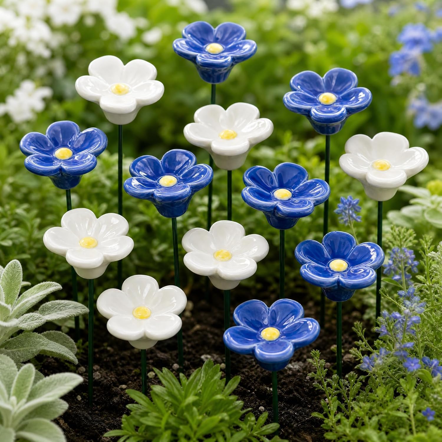 Handmade Ceramic Pollinator Watering Station, Colourful Flower Garden Stakes for Bees, Butterflies & Hummingbirds, Mini Bird Bath Outdoor Garden Decor Gift for Nature Lovers (12 pcs)
