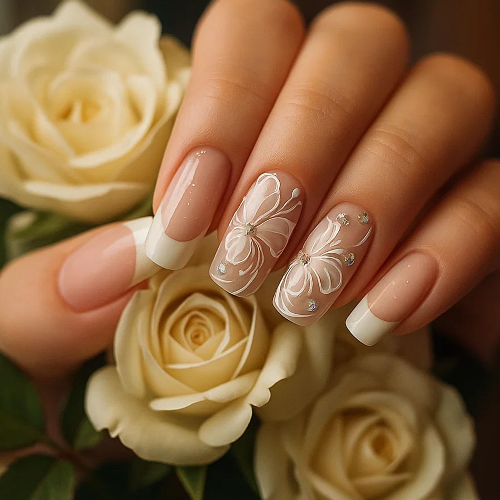 French Style White Tip Press-On Nail Kit with Floral Rhinestone Design