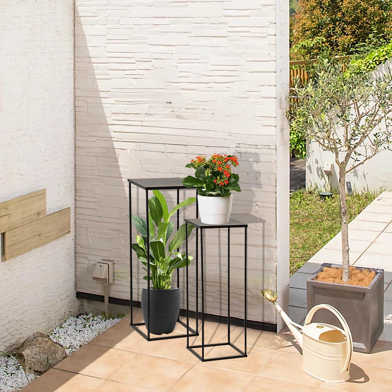 2er Set Blumenständer Metall Schwarz, Pflanzenständer 70cm / 80cm
