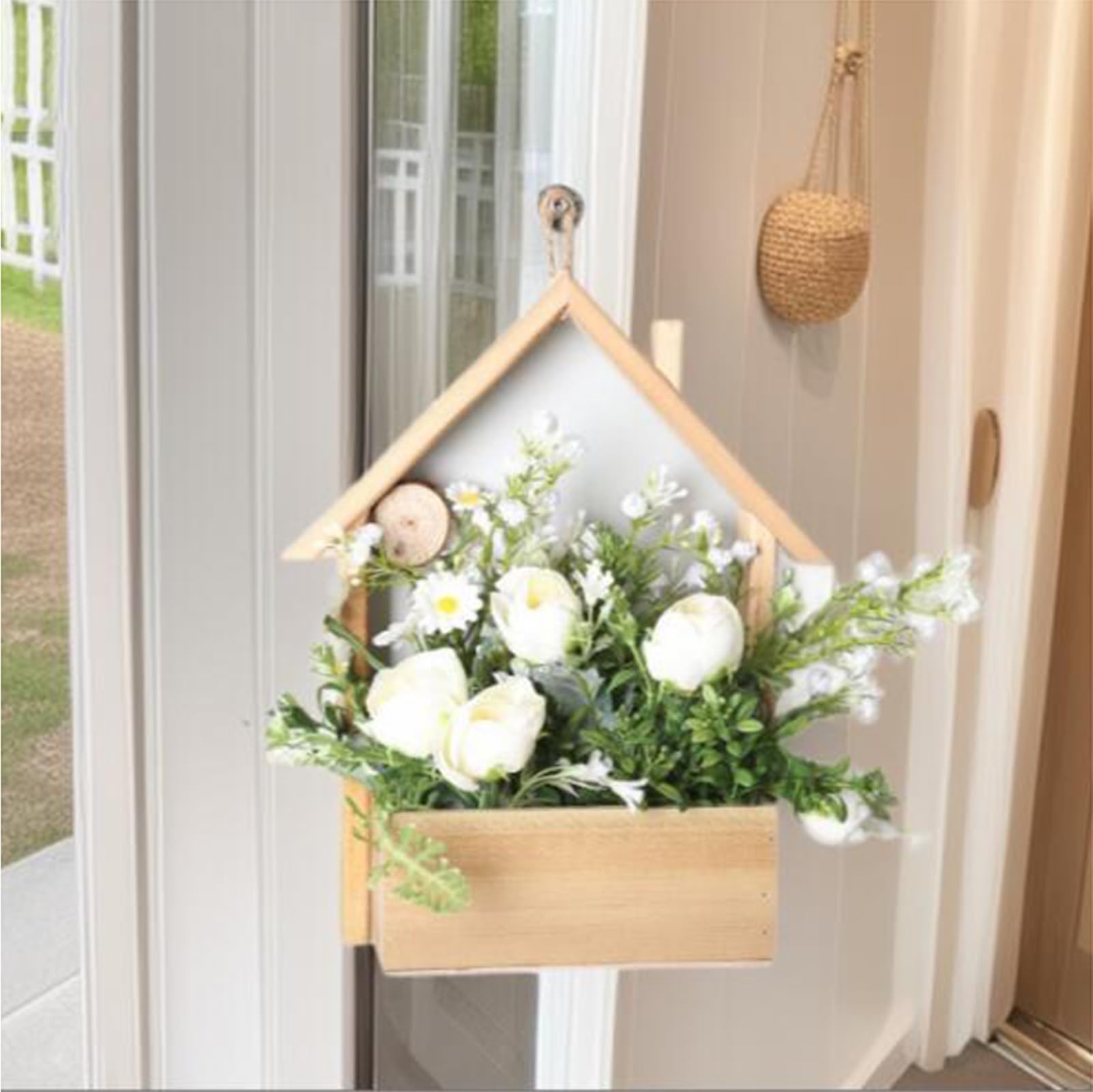 Decoración de Pared en Forma de casita para pájaros con Maceta, comedero para Aves Silvestres de Exterior, casita de Madera con Flores Artificiales
