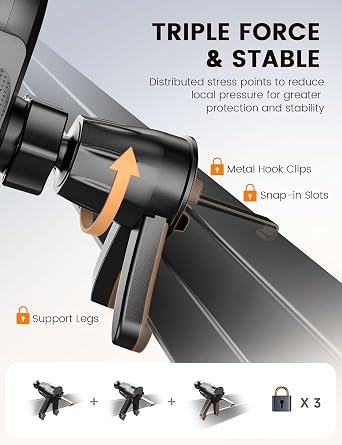 Pnitri Car Phone Holder, Air Vent Protective Car Phone Mount - Hook Clip & Legs Double Support Stable Universal Mobile Phone Mount Cradle Compatible with iPhone 17 16/Galaxy S25/Huawei (4.0-7.0 Inch)