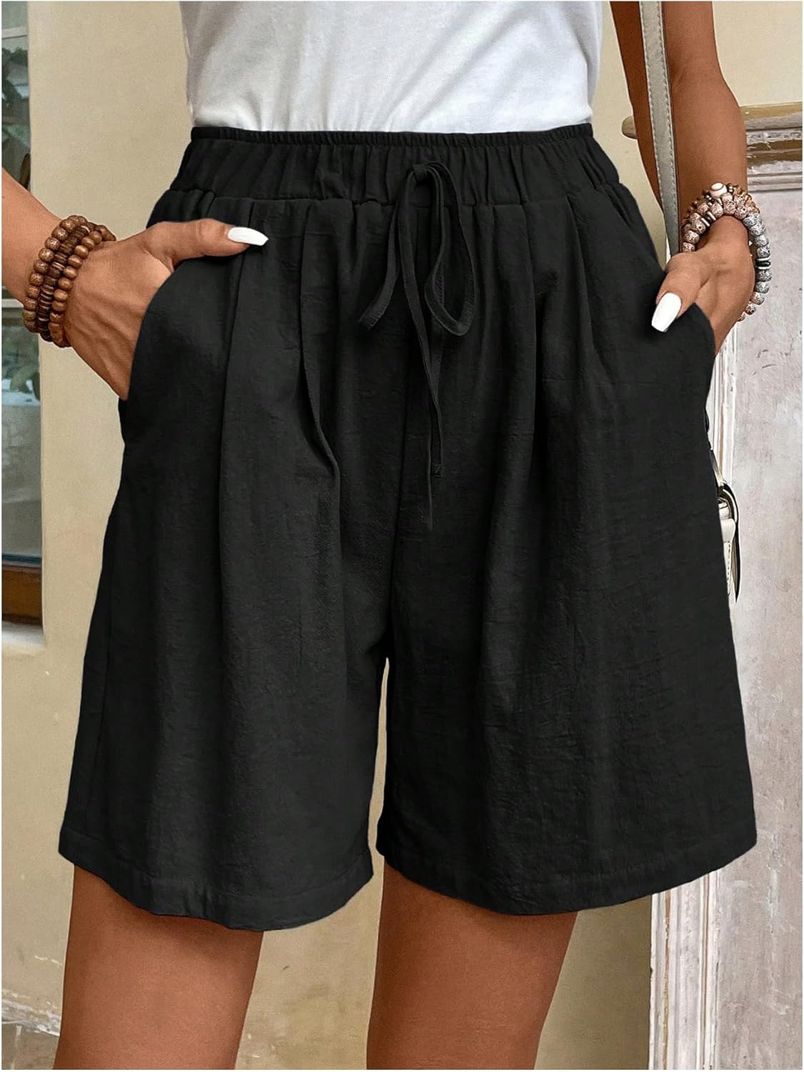 OYOANGLE Women's Baggy Drawstring Shorts Wide Leg High Waist Loose Shorts with Pockets - Image 3