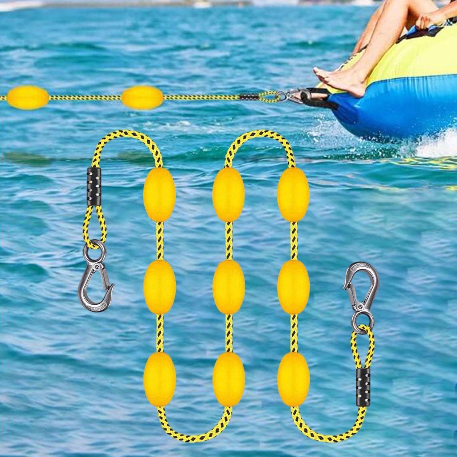 Menolana 60ft Tow Rope, W/Floats for 1 to 6 Riders, Watersport Accessories, Heavy Duty with Hook, Boating Tow Rope, Towable Tube, Yellow Black Spots