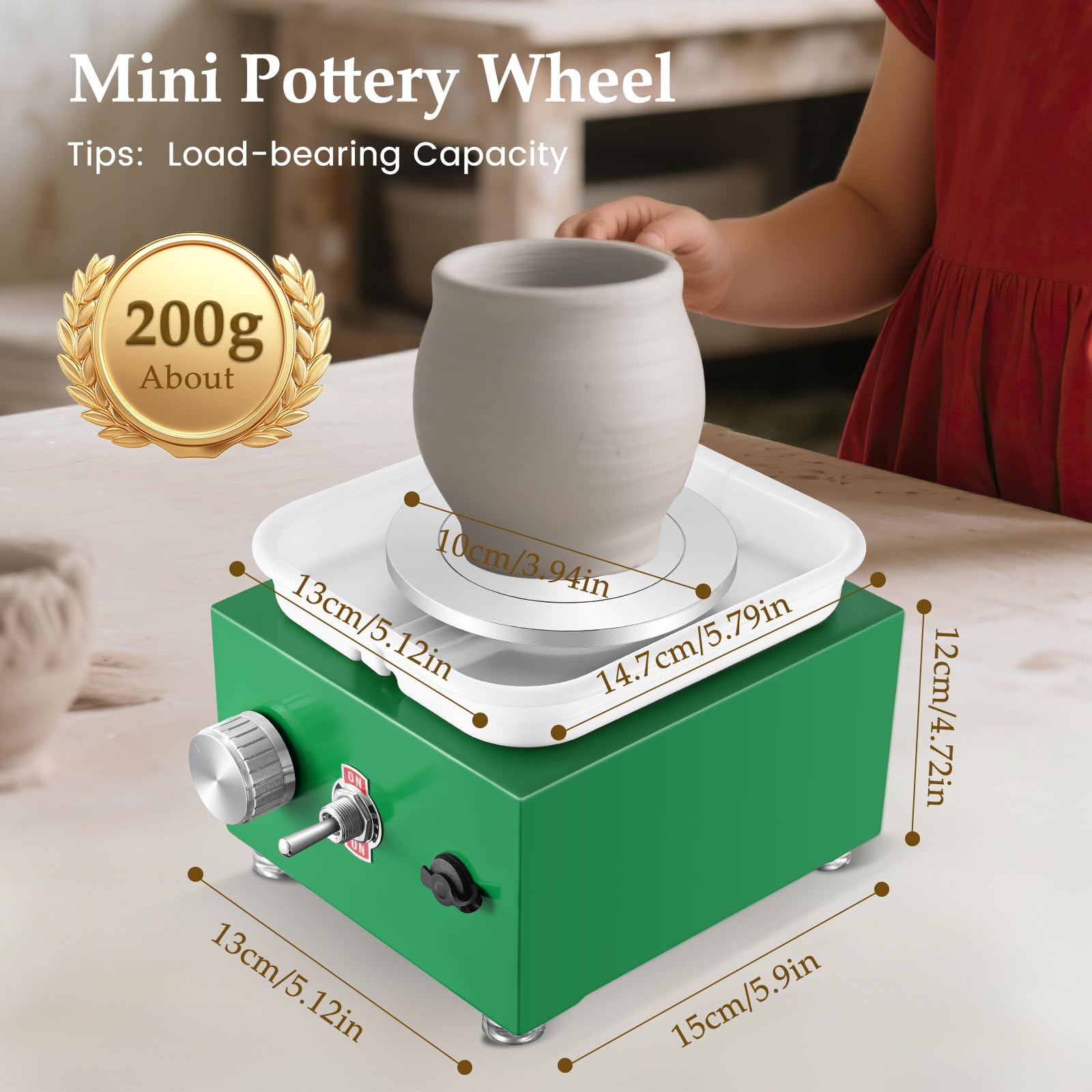 Töpferscheibe, Mini-Töpferscheibe mit einstellbarer Geschwindigkeit von 2000 U/min, 10/6,5 cm Platten, elektrische Töpferscheibe mit Formwerkzeugen (grün)