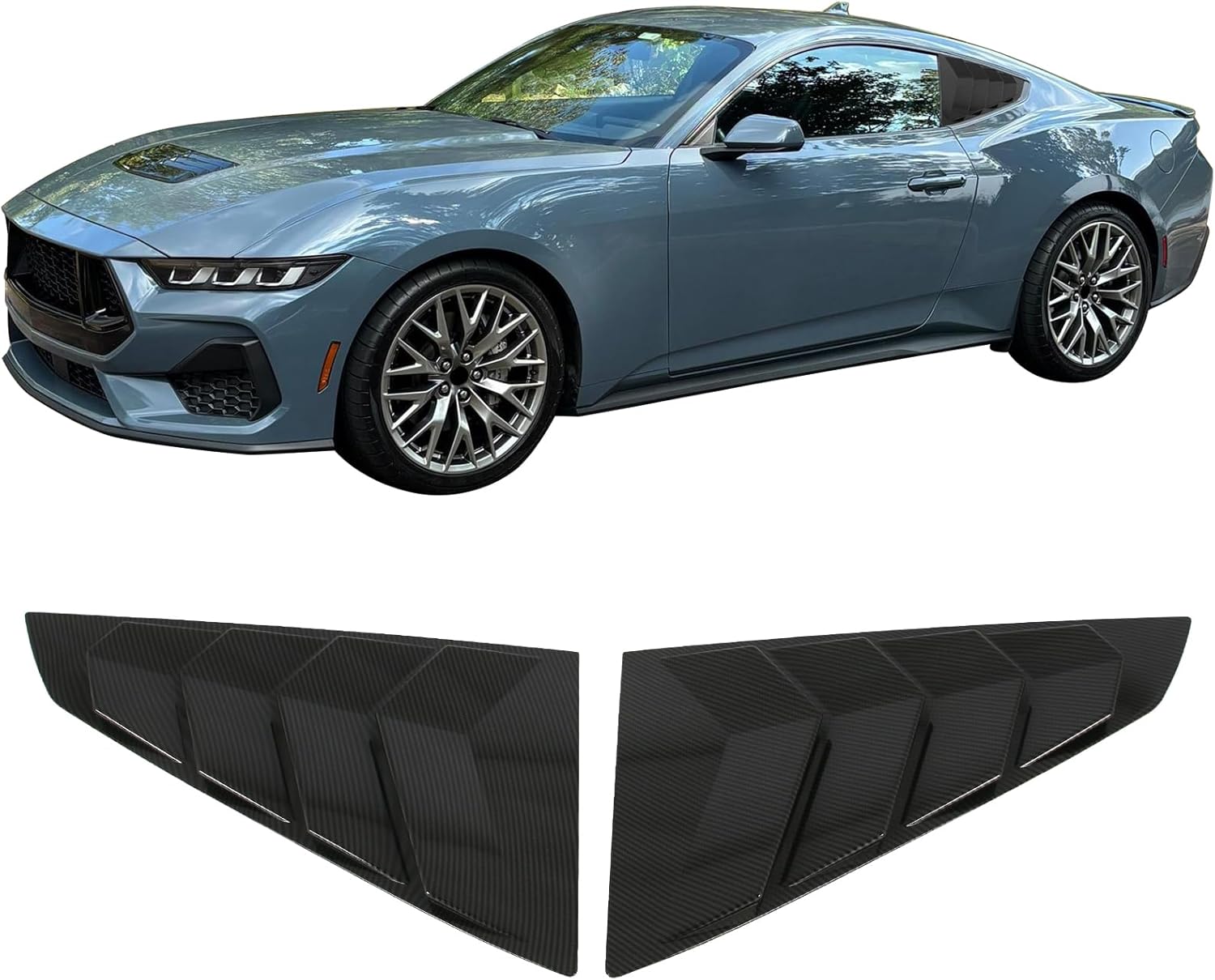IKON MOTORSPORTS Side Window Louver, Compatible with 2024-2026 Ford Mustang S650 Coupe 2-Door, ABS Plastic Carbon Fiber Print Rear Air Vent Scoop Shades Cover Blinds Trim 2PCS