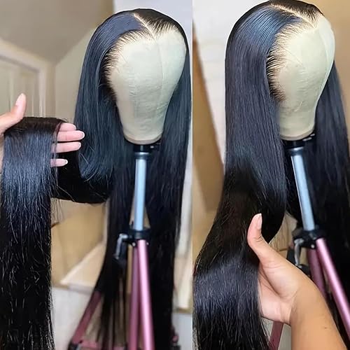 Missyvan Black Long Straight Lace Front Wig Synthetic T-Part Natural Black Hair Pre-Plucked Wig Glueless Lace Wig Light Yaki Straight HD Lace Wigs