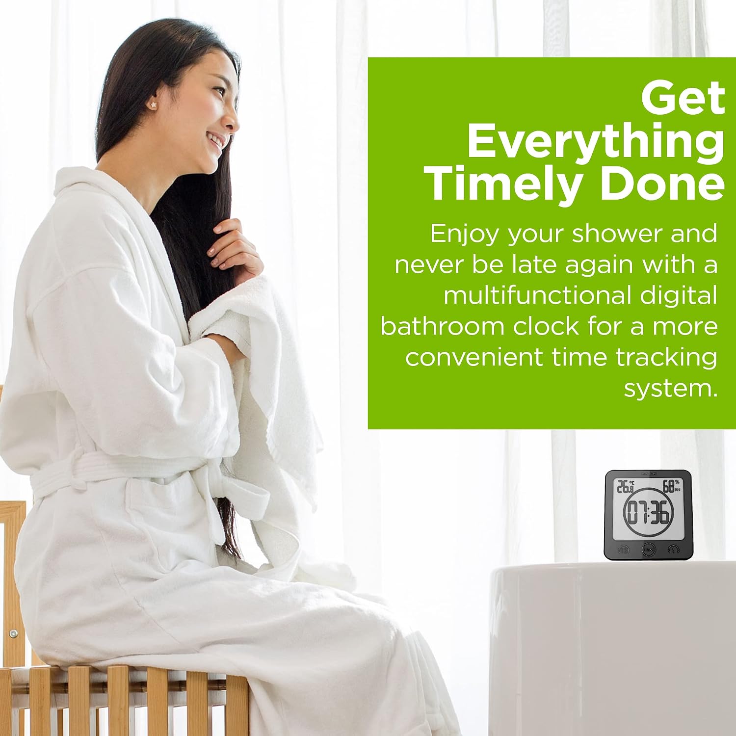 BALDR Digital Shower Clock with Timer - Waterproof Shower Timer for Kids and Adults - Bathroom Clock That Displays Time and Temperature - Battery Operated Digital Clock and Waterproof Timer - Black