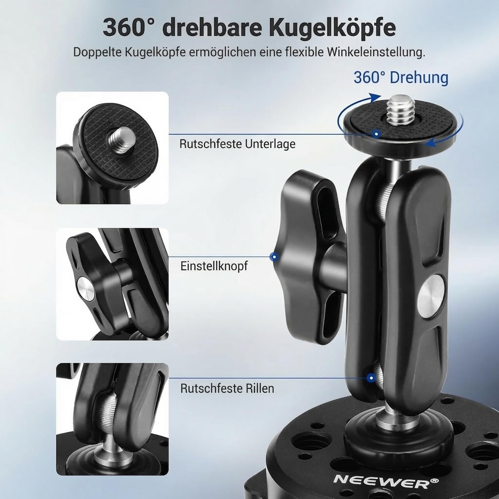 NEEWER 6"/15,2cm Kamera Saugnapf Halterung mit Kugelkopf Magic Arm, Metall Saugnapfhalterung an der Auto Windschutzscheibe für Action Kamera/Handy Halter, mit 1/4“ & 3/8" Befestigungslöchern für ARRI