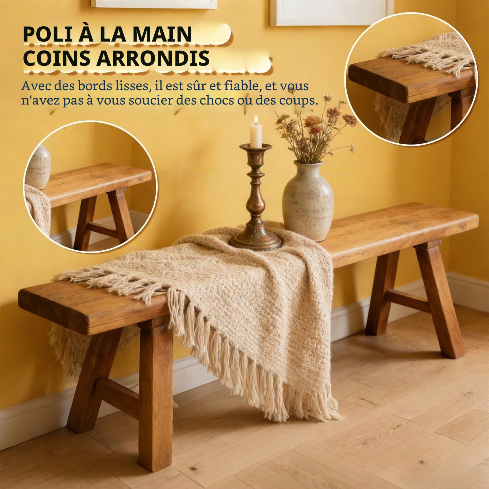 Banc de Style campagnard en Bout de lit, Banc d'entrée en Bois pour l'intérieur Salle à Manger Rustique et Fin en Bois