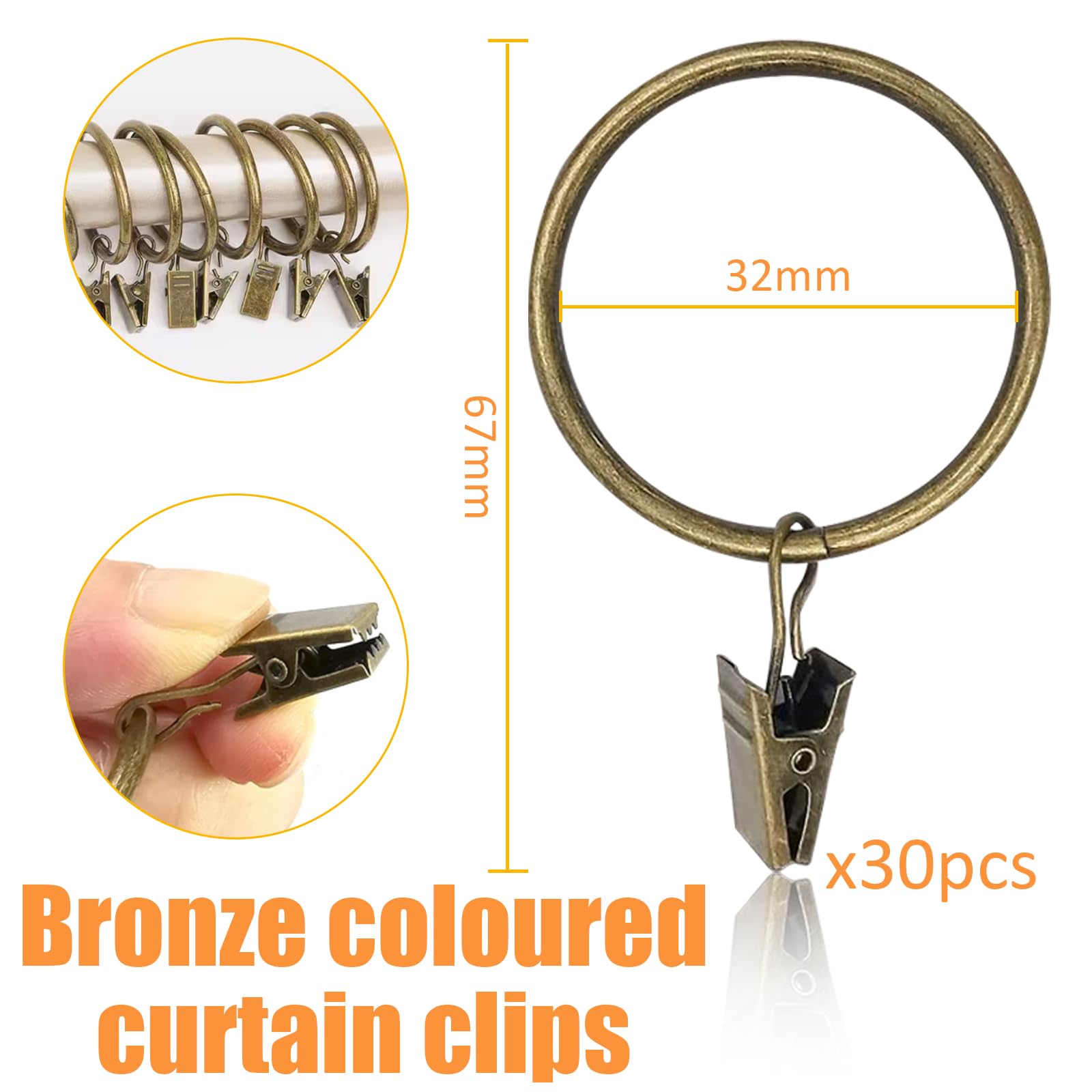 10 Anelli Per Tende Con Clip In Metallo Bronzo | Per Drappeggi, Finestre, Docce, Diametro 3 Cm - Foto 10