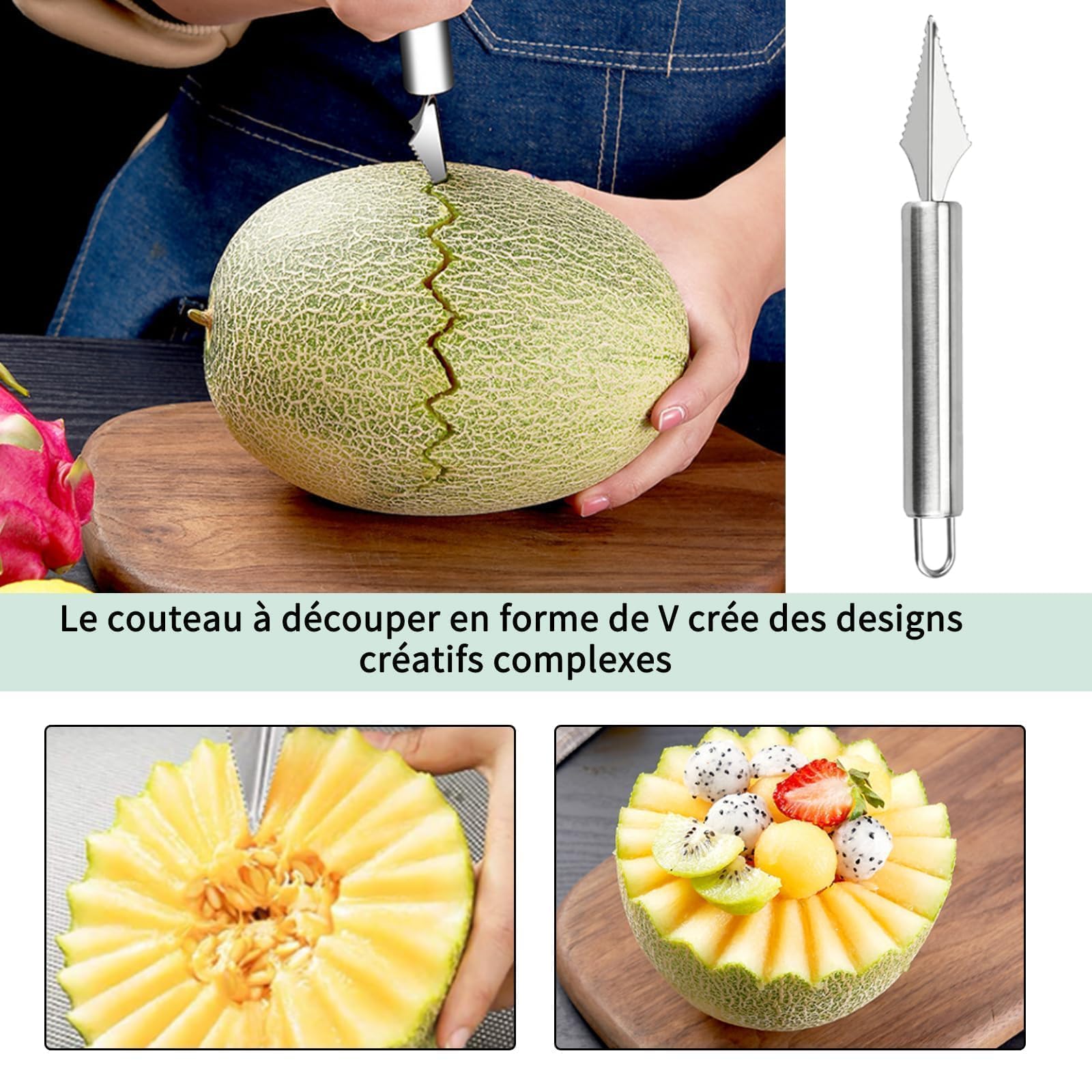 3 Pièces Outils À Fruits Pousse-Pomme Cuillère À Boule De Melon Couteau De Sculpture En Acier Inoxydable Pour Creuser Et Sculpter Des Fruits, Cuisine Maison