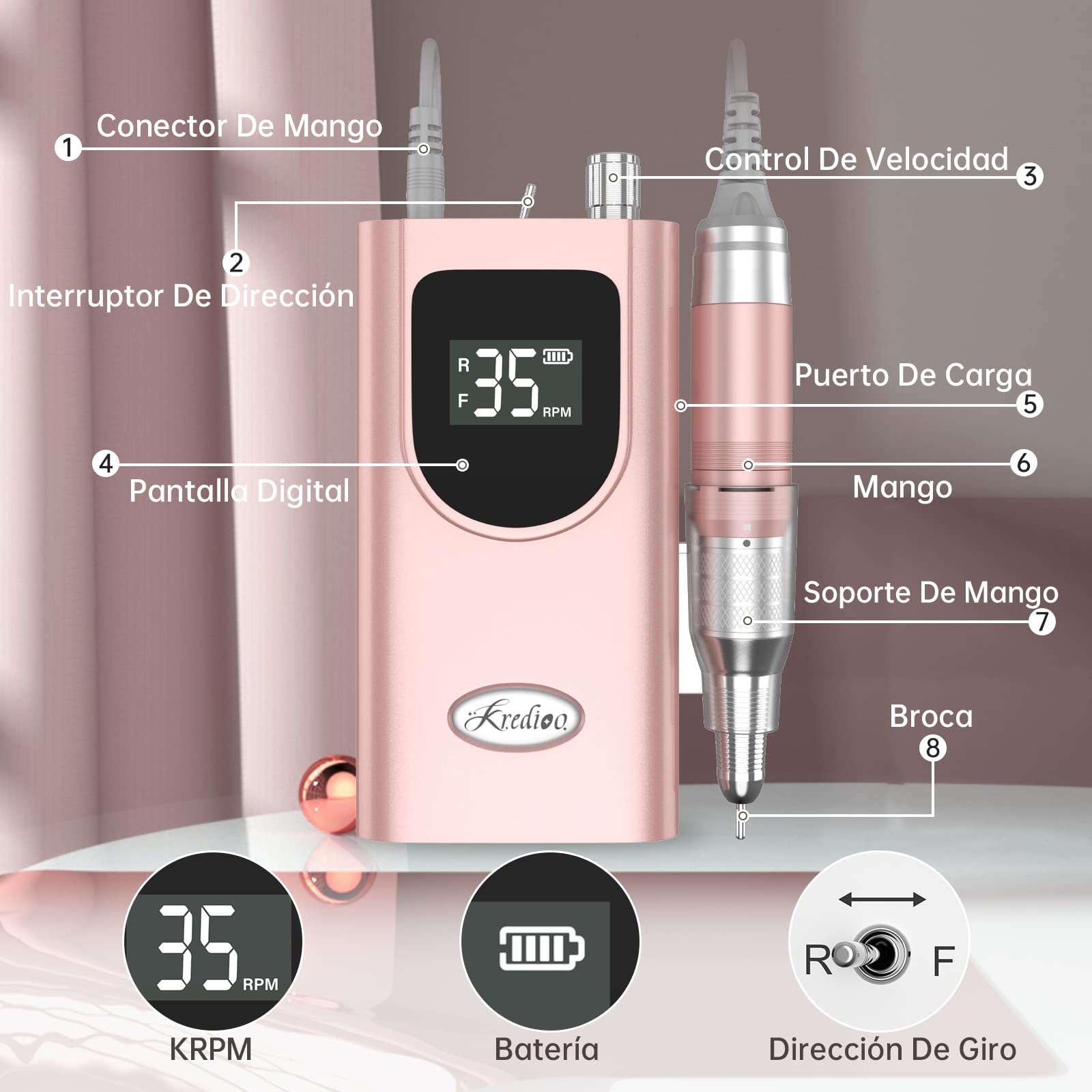 Kredioo Torno para Uñas Profesional 35000RPM Pórtatil＆Recargable 6 Brocas Lima Eléctrica de Manicura y Pedicura Pulidor Set Taladro de Clavo Eléctrico Limado Kit Set de Fresas LCD con Batería Rosa