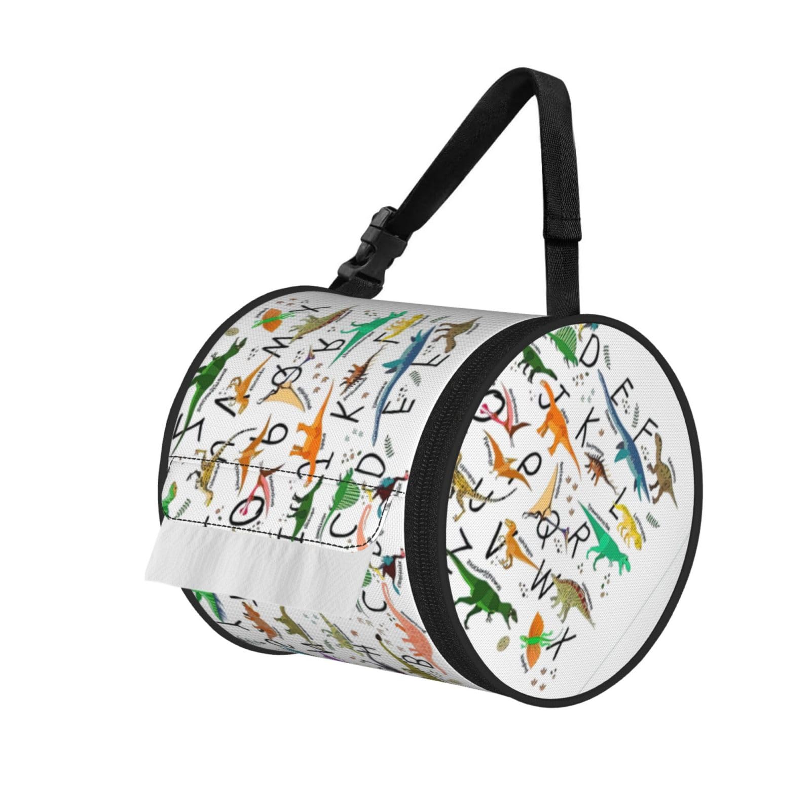Stylish Learning Alphabets With Dinosaurs Print Round Paper Tissue Holder With Shoulder Strap, Portable Roll Case For Caravan Travel Use