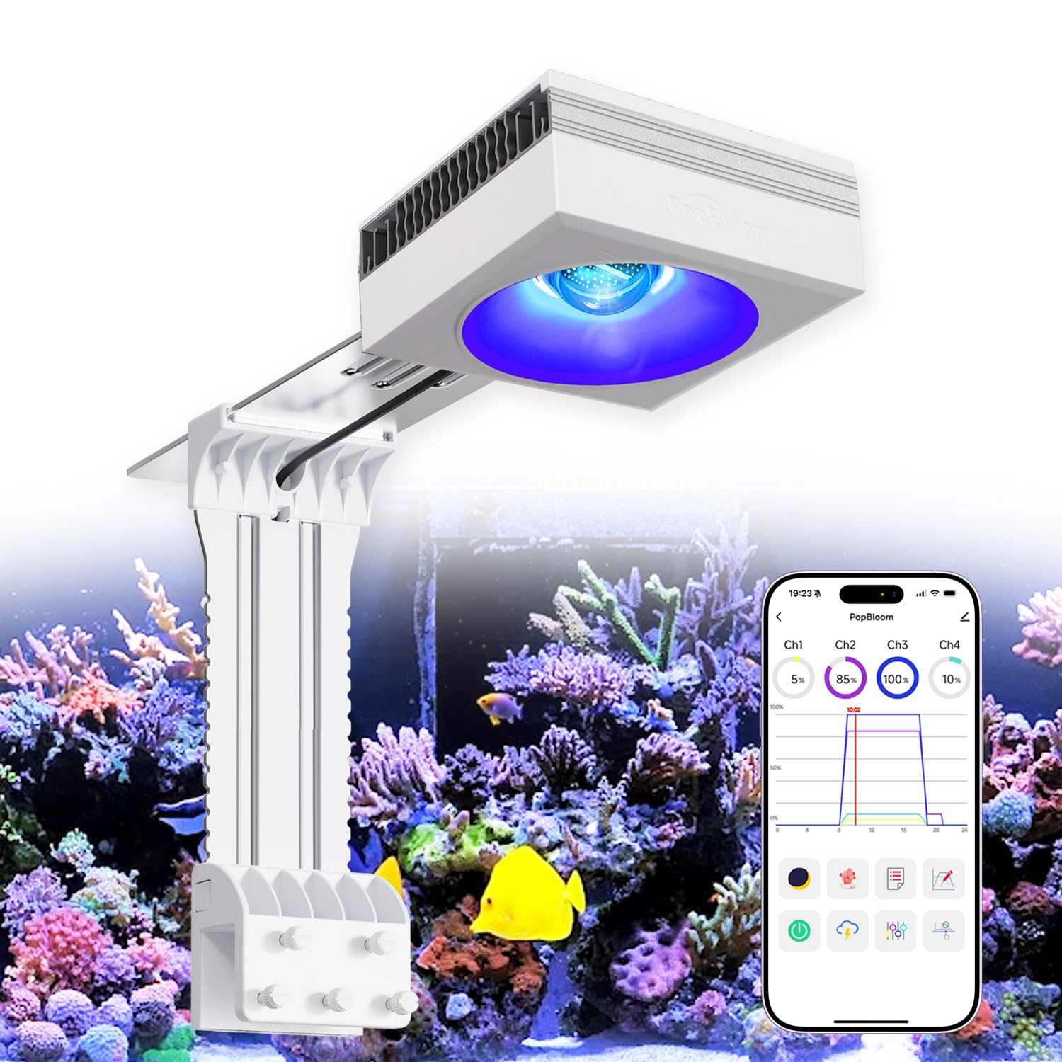 PopBloom RL115 WiFi Aquarium LED Beleuchtung 115W, Vollspektrum Aquarium Lampe, Salzwasser LED Beleuchtung für Reef Coral Fish Wasserpflanzen Salzwasser Aquarium,APP unterstützt Deutsch