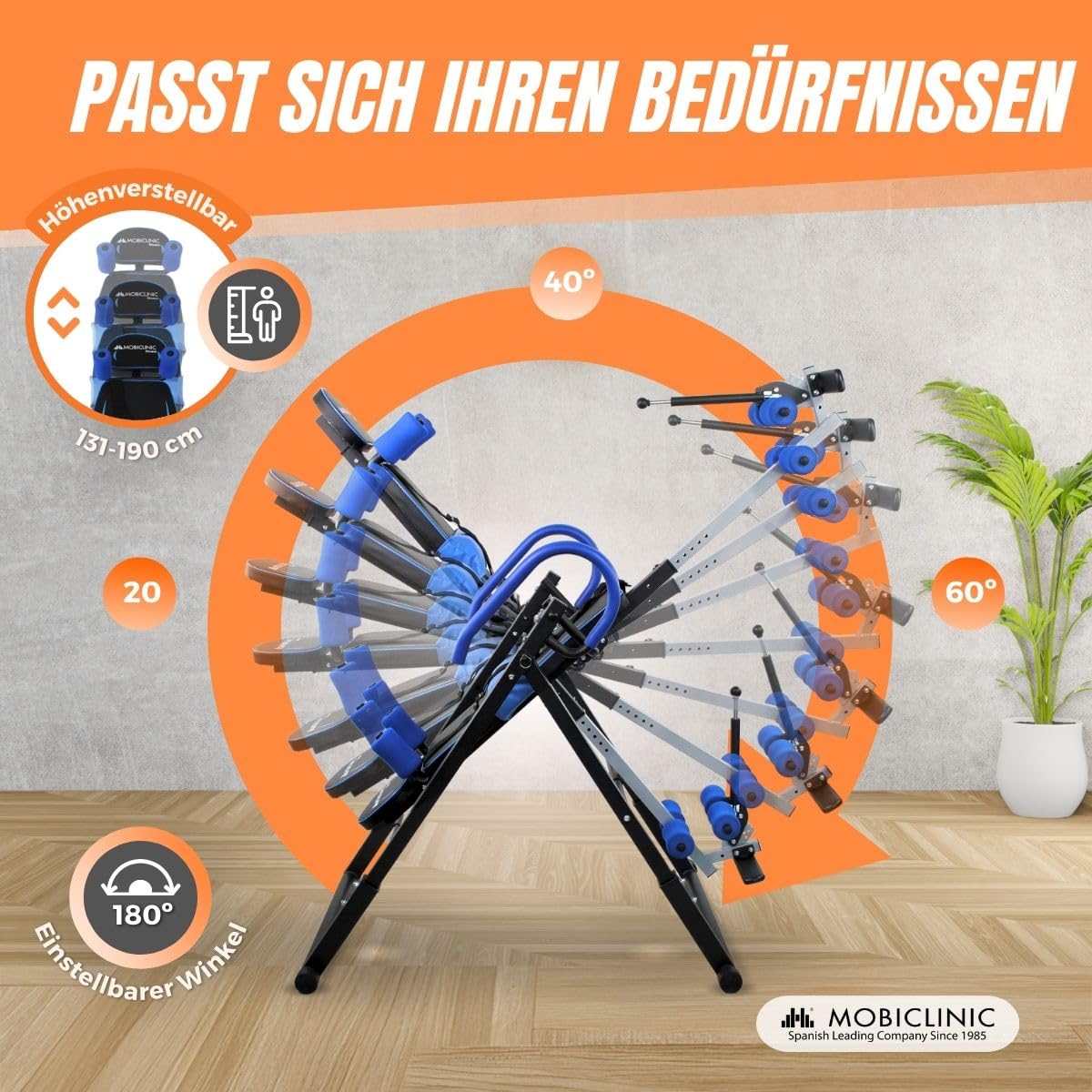 Mobiclinic® fitness, Inversionstisch, Klappbar, Neigung 180°, Bis 120 kg, Verstellbar, Lendenkissen und kopfstütze, Vier sicherheitssysteme, Stretching crunches, Stahl