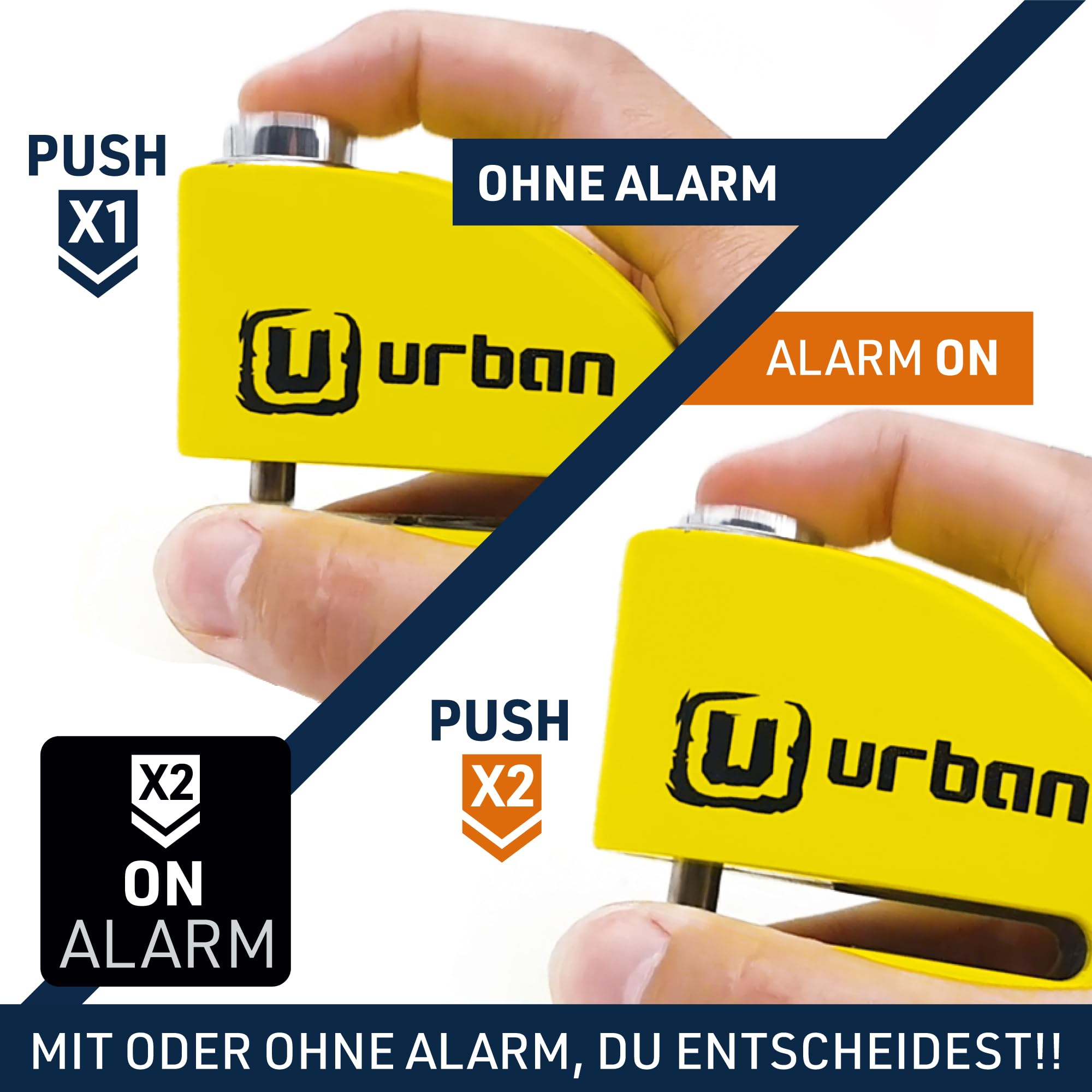 URBAN UR906Y Bremsscheibenschloss Motorrad mit 120dB Alarm X2 ON, Wasserdicht Austauschbares Modul, CR2 Batterie, Erinnerungskabel, 6mm Universelles Motorrad Schloos für Roller E-Bikes E-Scooter