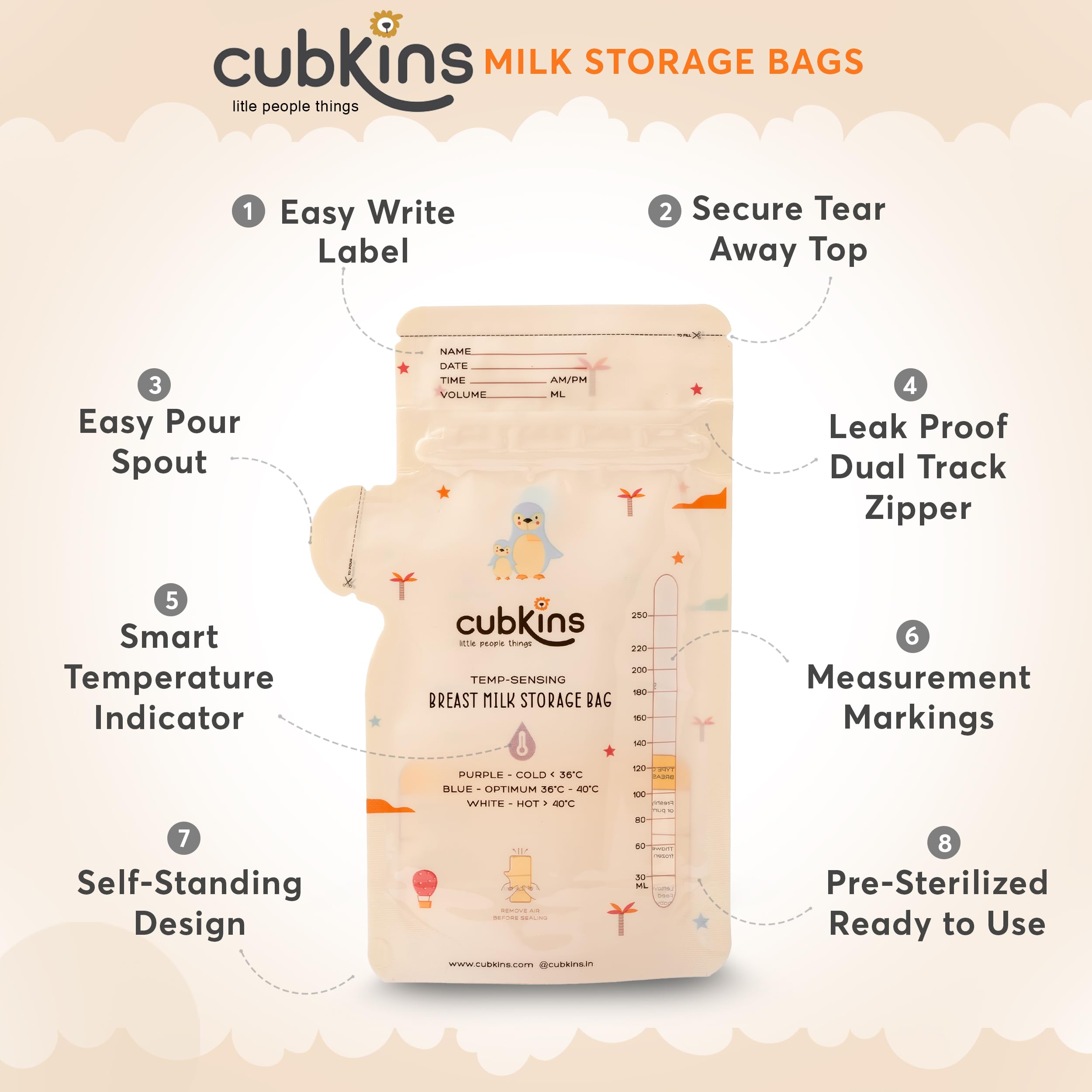 CUBKINS Breast Milk Storage Bags (Pack of 50), Pre-Sterilized, Smart Temp Sensor, BPA Free, Single Use, Leak Proof Double Zip, Separate Fill & Pour Spouts, 250 ml Capacity, Marker Included,Multicolor - Image 2 thumbnail