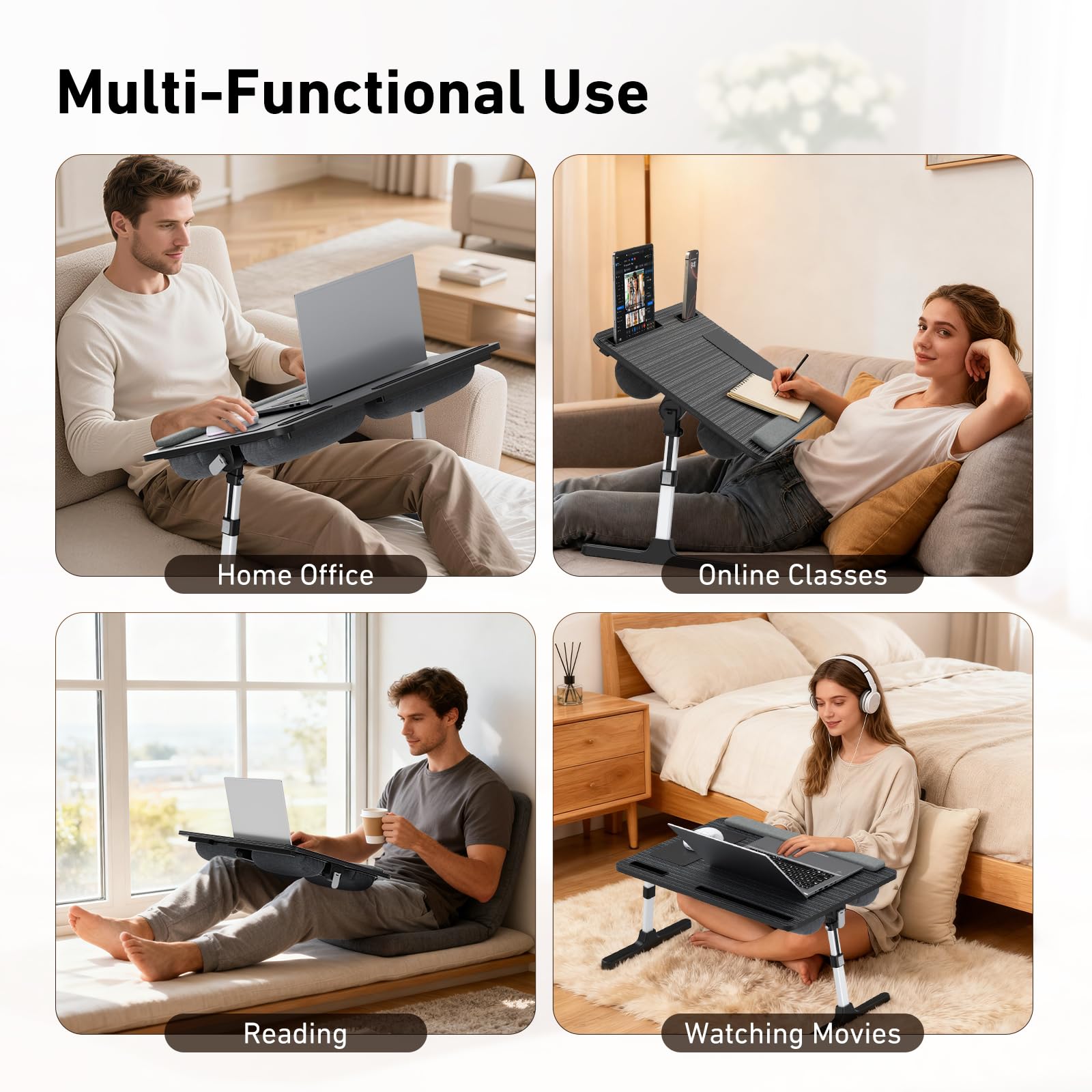 Tavolo da letto 2 in 1 & Lap Desk – Imbottitura morbida regolabile in altezza e inclinazione, pieghevole con poggiapolsi, supporto per tablet, fermaporli e tavolo per computer portatile in pelle