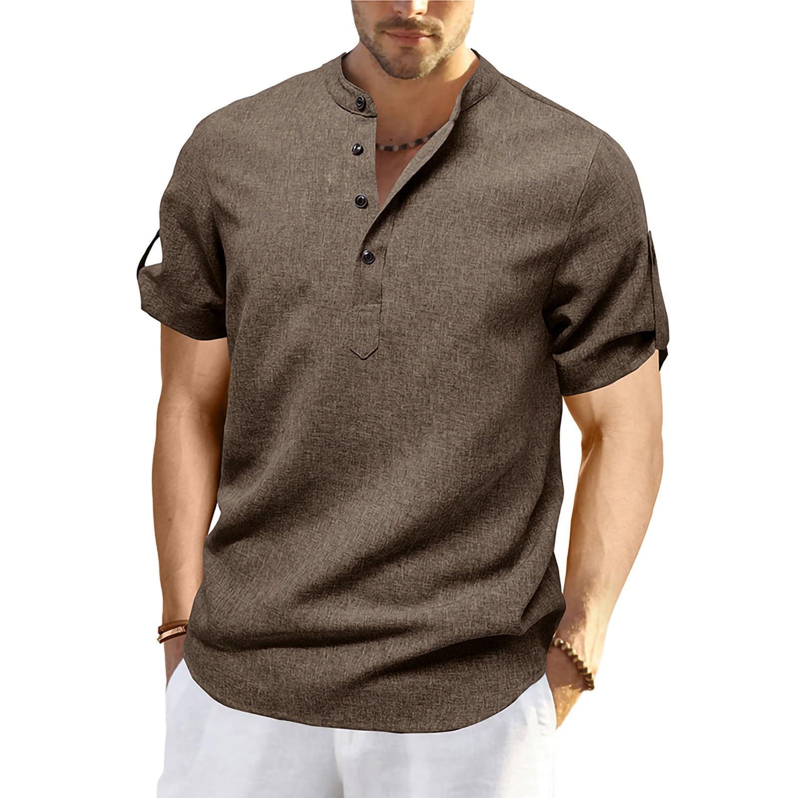 Henley Shirt Herren Kurzarm Tshirt Business Einfarbige T-Shirt Arbeit Button Kurzarmshirt Mit Stehkragen Herren-T-Shirt Freizeit Atmungsaktive Sommershirt Leicht Und Luftig Khaki L