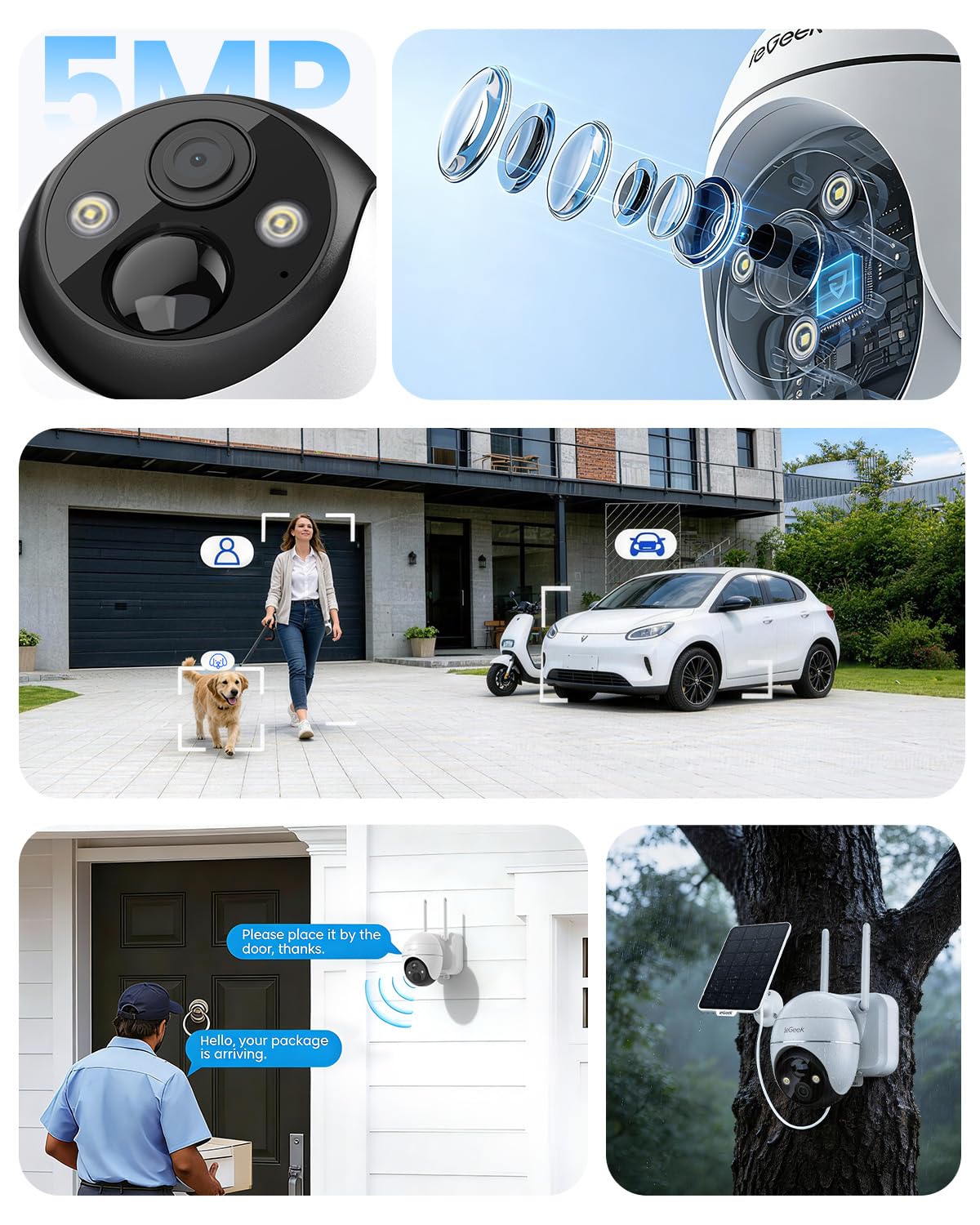 ieGeek 3K 5MP Camera Surveillance WiFi Exterieure sans Fil Solaire - 360° PTZ Camera Solaire PIR Détection Humaine, Vision Nocturne Couleur, Audio Bidirectionnel, Sirène Alarme/Alexa/IP65