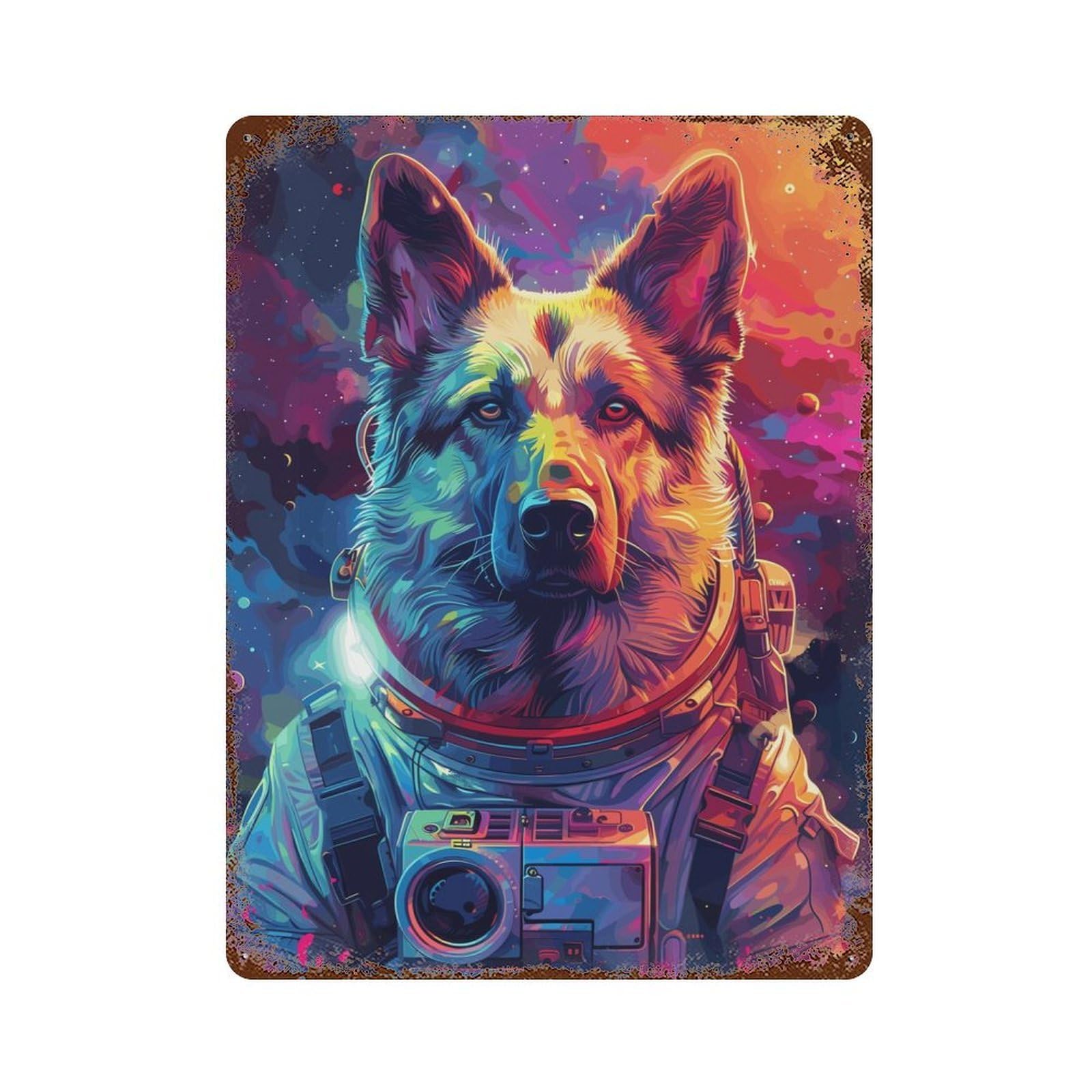 Astronaut German Shepherd Rusty Metal Tin Sign 15.7"x11.8", for Patio, Garden Room And Bar Decor, Old School Wall Decor