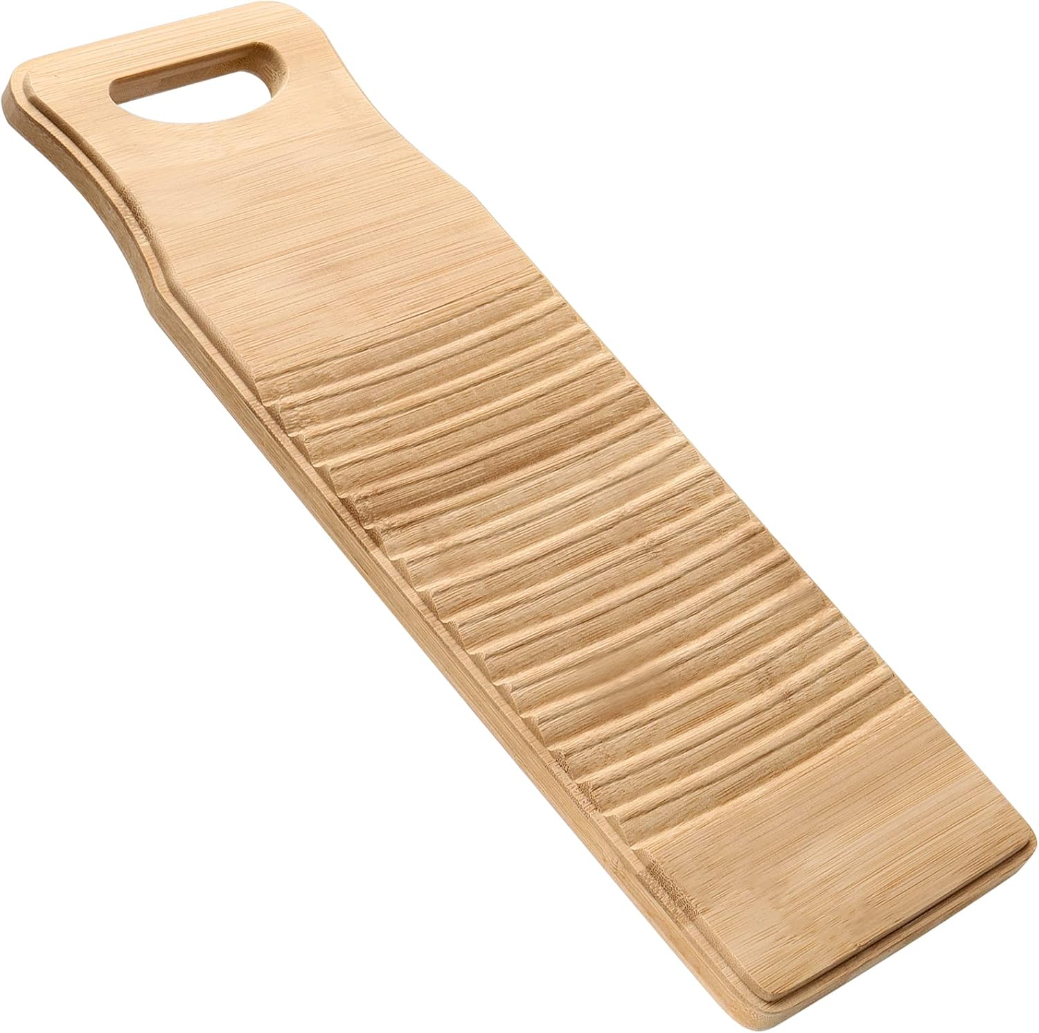 PINGEUI 2 Pack Bamboo Washboard, 15.7x5.9x0.7 Inch Anti-slip Wood Washing Clothes Washboard with 2 Pair Rubber Gloves and 2 Soap Net, Hanging Washboard for Small Washing Jobs