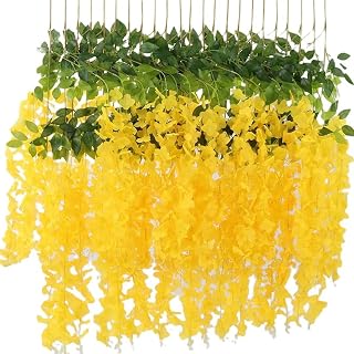12 Pack Wisteria Flower Vines Garland, 3.75 Ft Artificial Flower Strings, Fake Hanging Flowers, Silk Wisteria Garland Flowers, Flower Vine for Wedding Garden Decor (Yellow)