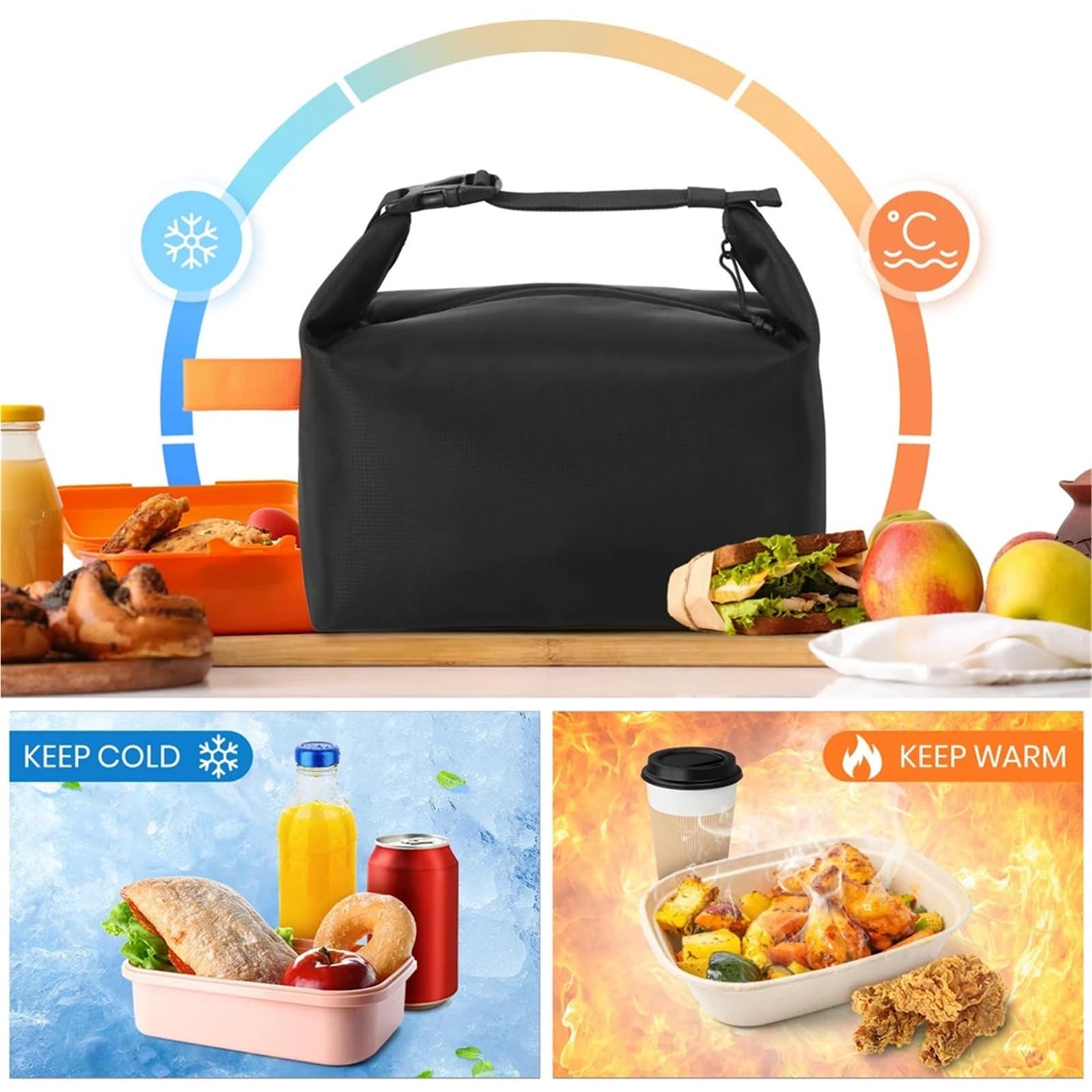 Bolsa termica Bolsas de almuerzo mayor capacidad, contenedores comida a prueba fugas, bolsa Bento mano for trabajo, oficina, Picnic, 1 ud para Exteriores(Black)