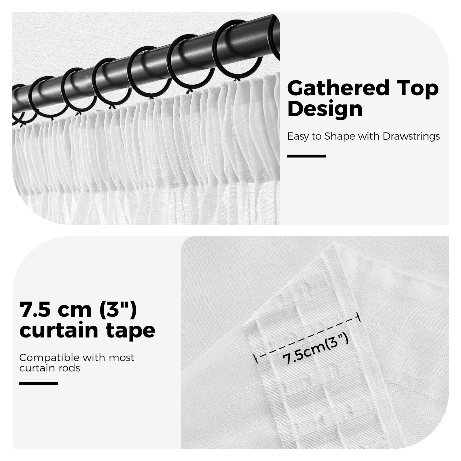 MRTREES - Tende leggere corte con nastro piegato, per soggiorno, camera da letto, ragazze, cucina, camera da letto, 120 x 140 cm (lunghezza x larghezza), bianco moderno, set di 2 pezzi