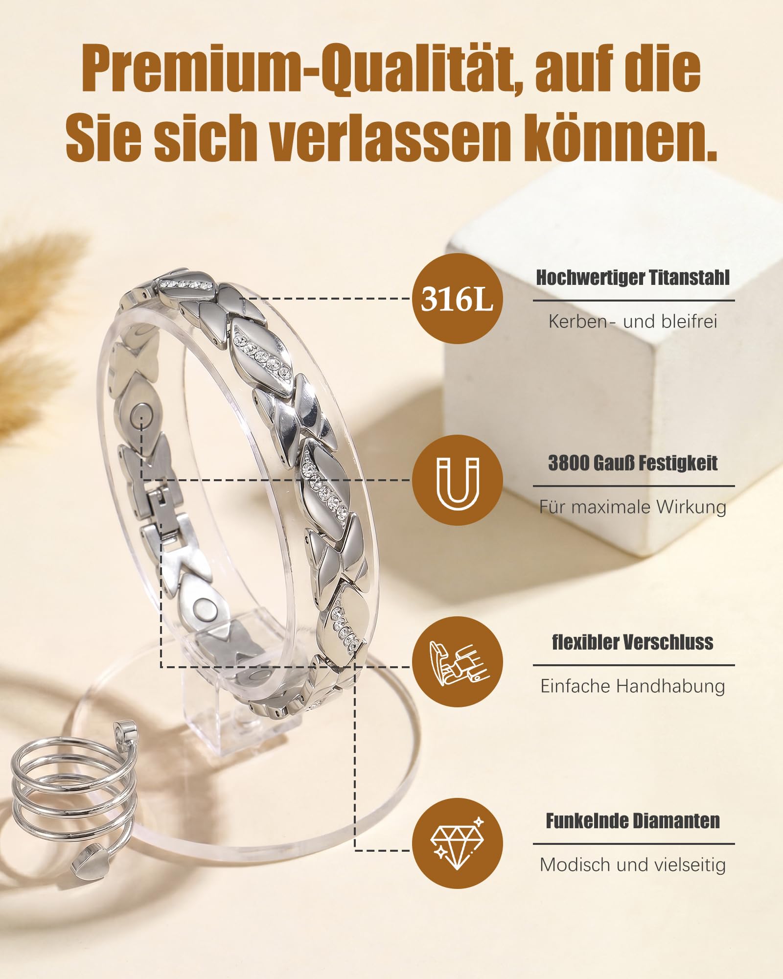Jeracol Magnetarmband Damen und Magnetringe, Reduziert Schmerzen und Arthritis Edelstahl Therapeutisches Magnet Armband einstellbare Größe & Schmuck Geschenkbox Energetix