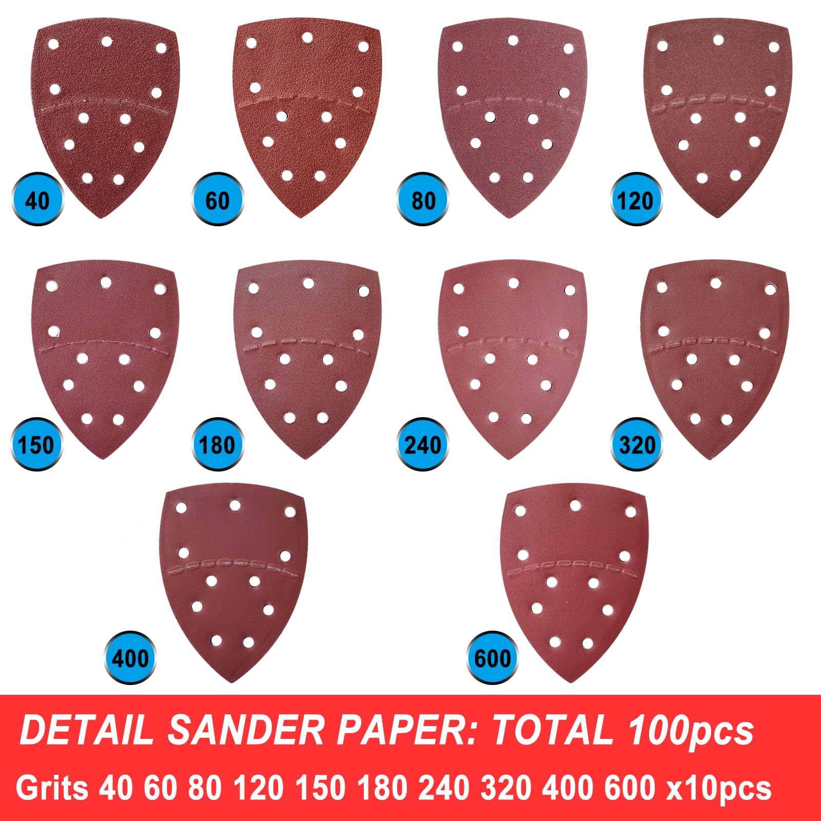 Papel de Lija Mouse 100 piezas 11 Hoyos Grano40 60 80 120 150 180 240 320 400 600 Hojas de Lija Triangular para Lijadora de Detalle Mouse